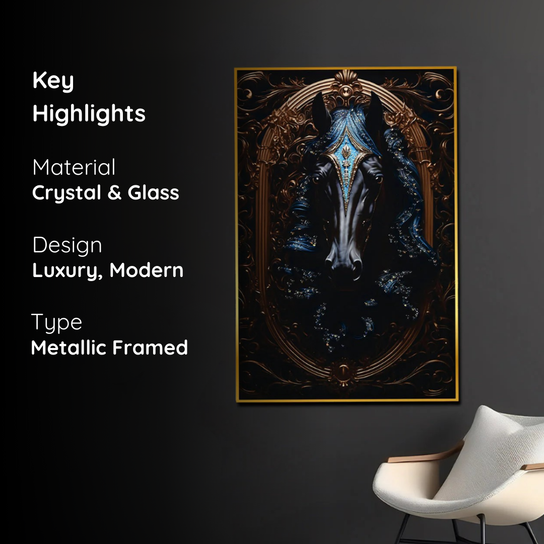 Royal Knight Dark Horse Metallic Framed Crystal Glass Painting