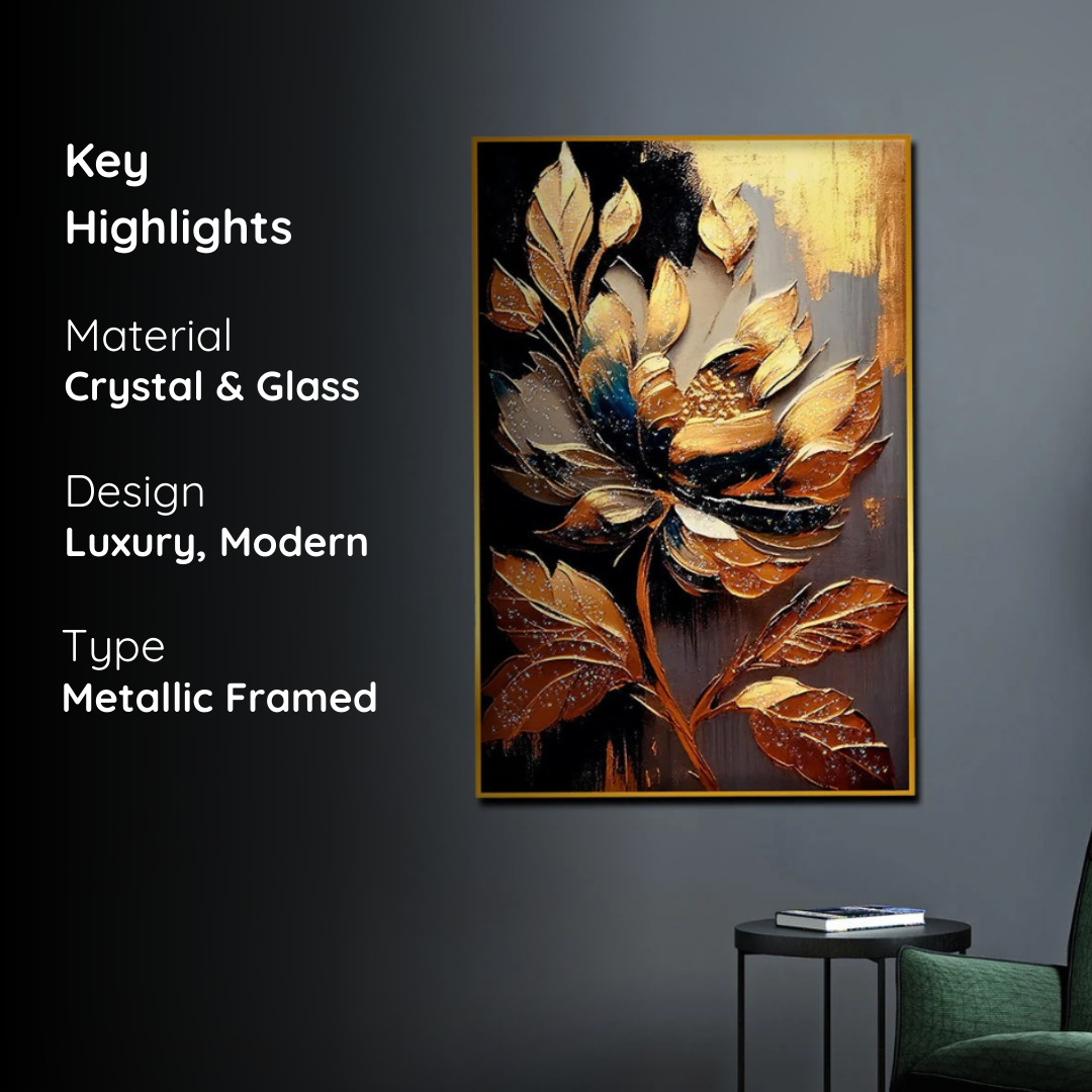 Golden Petal Flower Metallic Framed Crystal Glass Painting