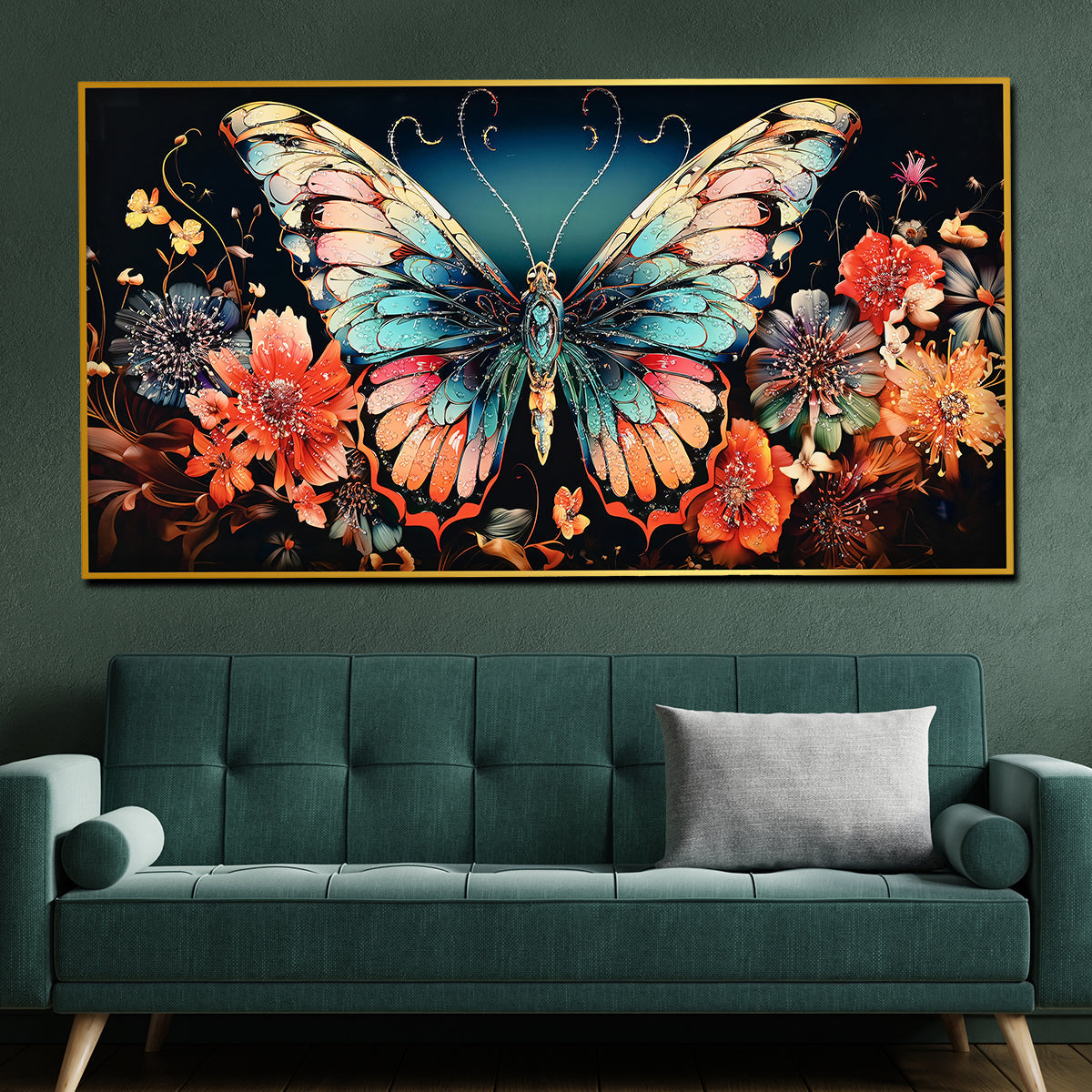 Floral Symphony Butterfly Crystal Glass Painting in Vibrant Botanical Hues