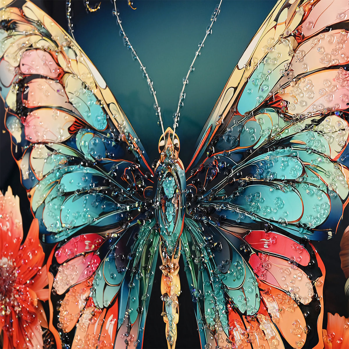 Floral Symphony Butterfly Crystal Glass Painting in Vibrant Botanical Hues