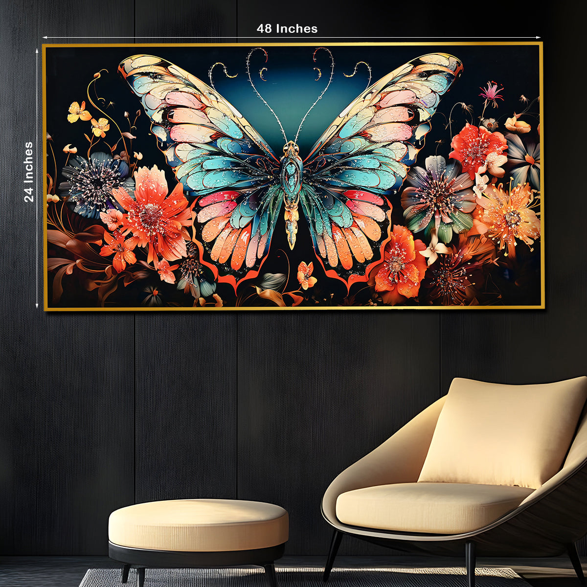 Floral Symphony Butterfly Crystal Glass Painting in Vibrant Botanical Hues