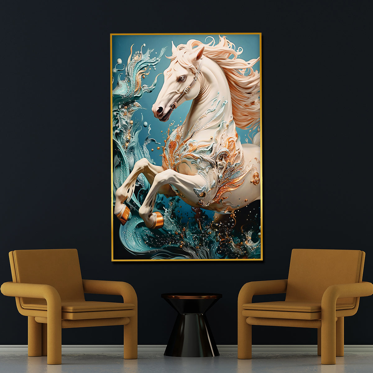 Majestic White Stallion Framed Crystal Glass Painting