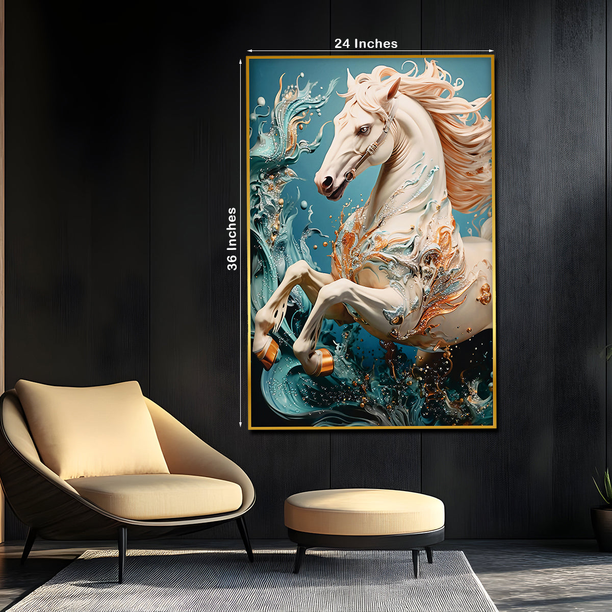 Majestic White Stallion Framed Crystal Glass Painting