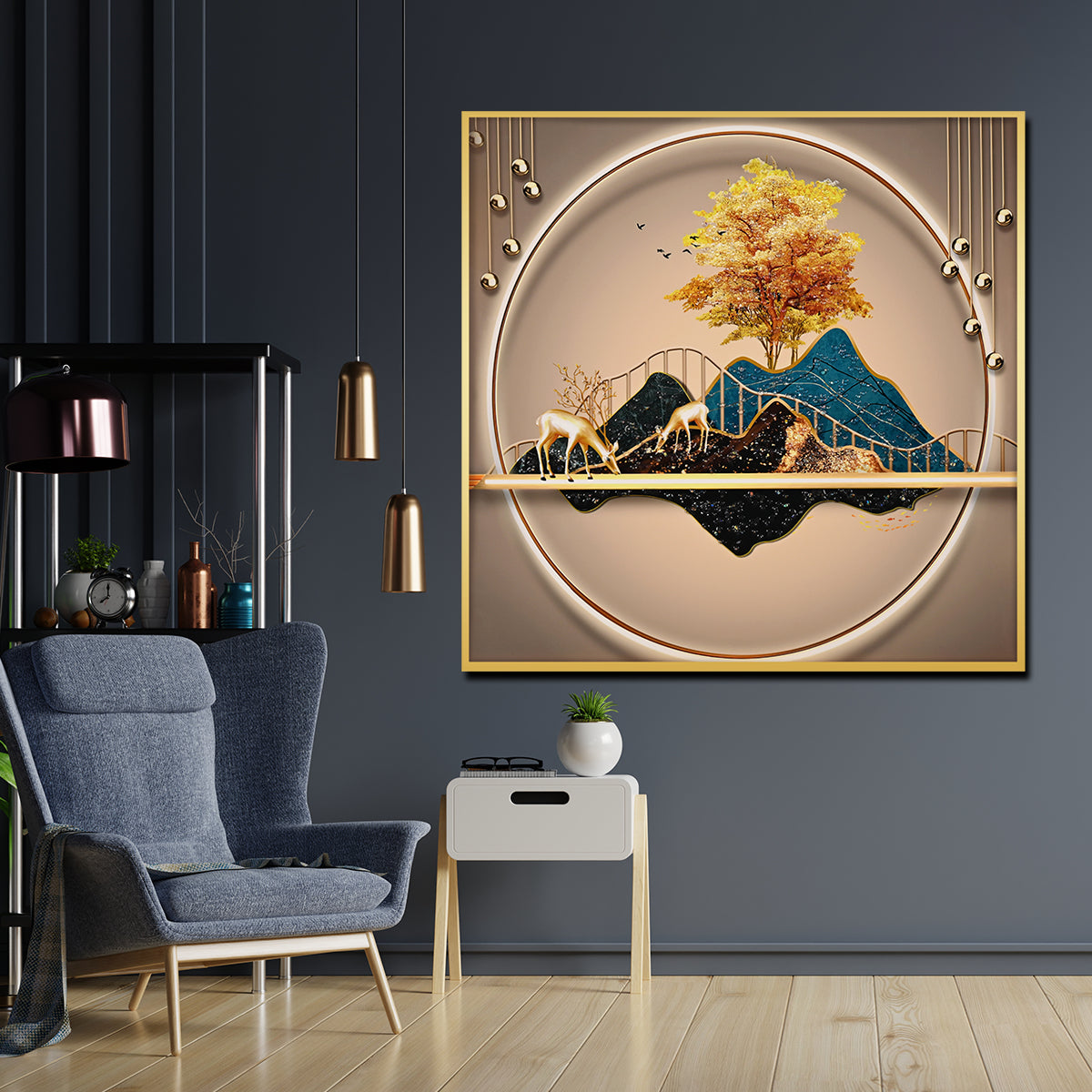 Golden World of Peace Framed Crystal Glass Painting