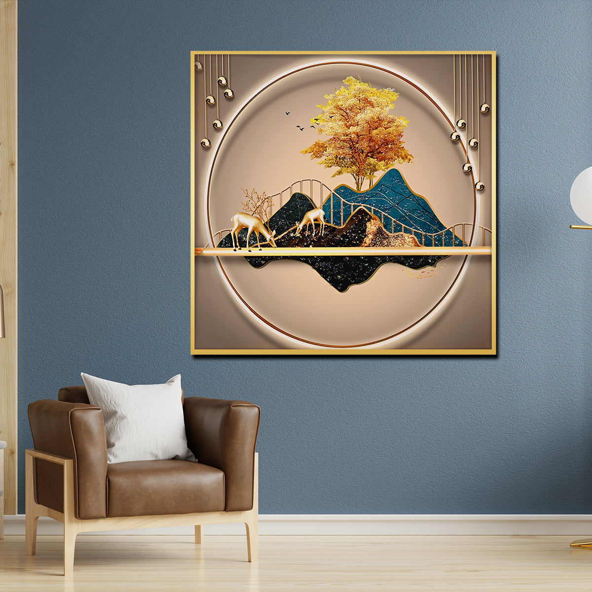 Golden Harmony Landscape Crystal Glass Framed Painting