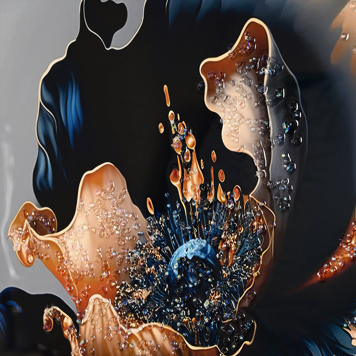 Midnight Bloom Crystal Glass Painting with Gold Highlights