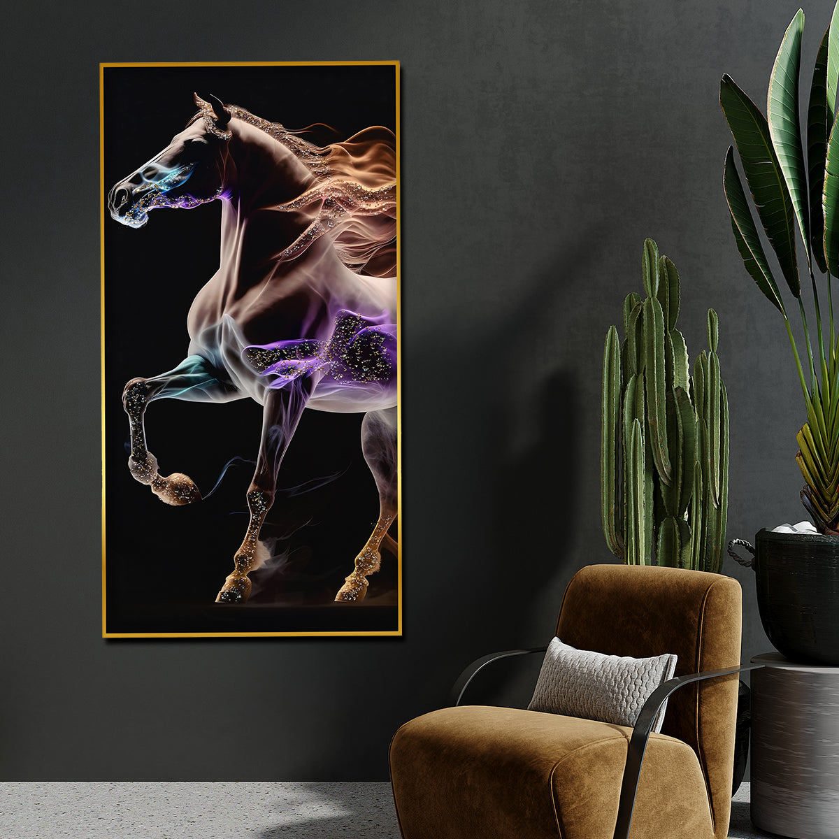 Mystic Flame Horse Crystal Glass Painting in Celestial Tones