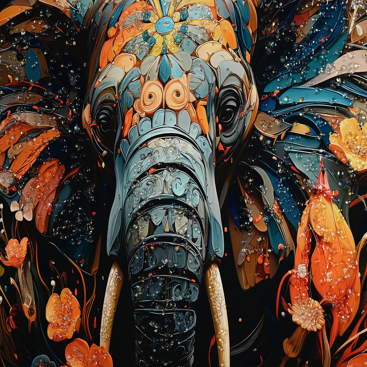 Floral Majesty Elephant Crystal Glass Painting in Bold Botanical Design