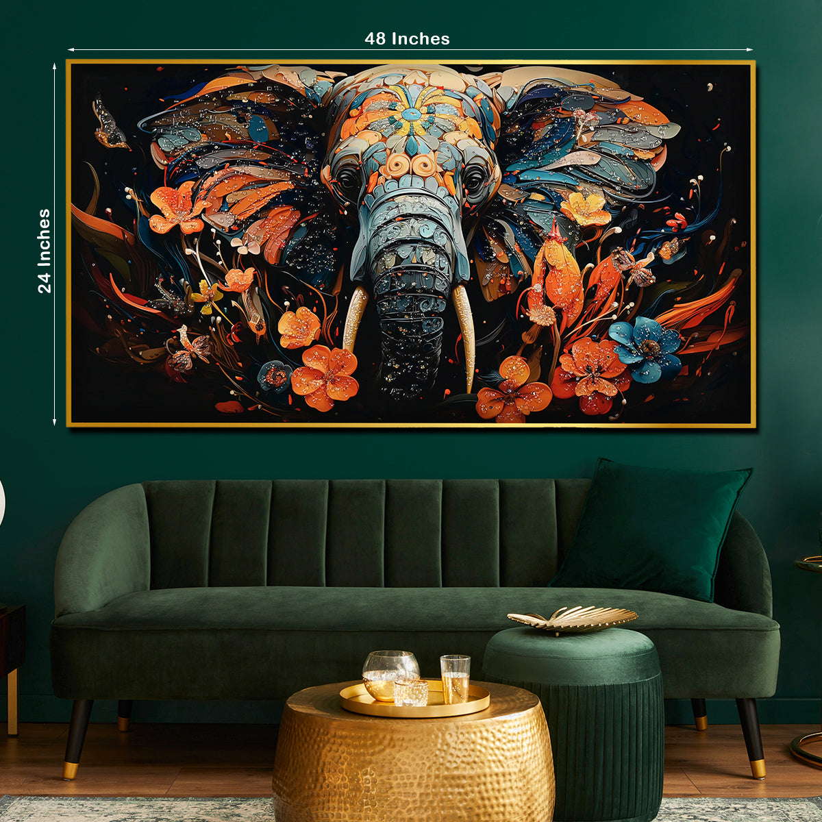 Floral Majesty Elephant Crystal Glass Painting in Bold Botanical Design