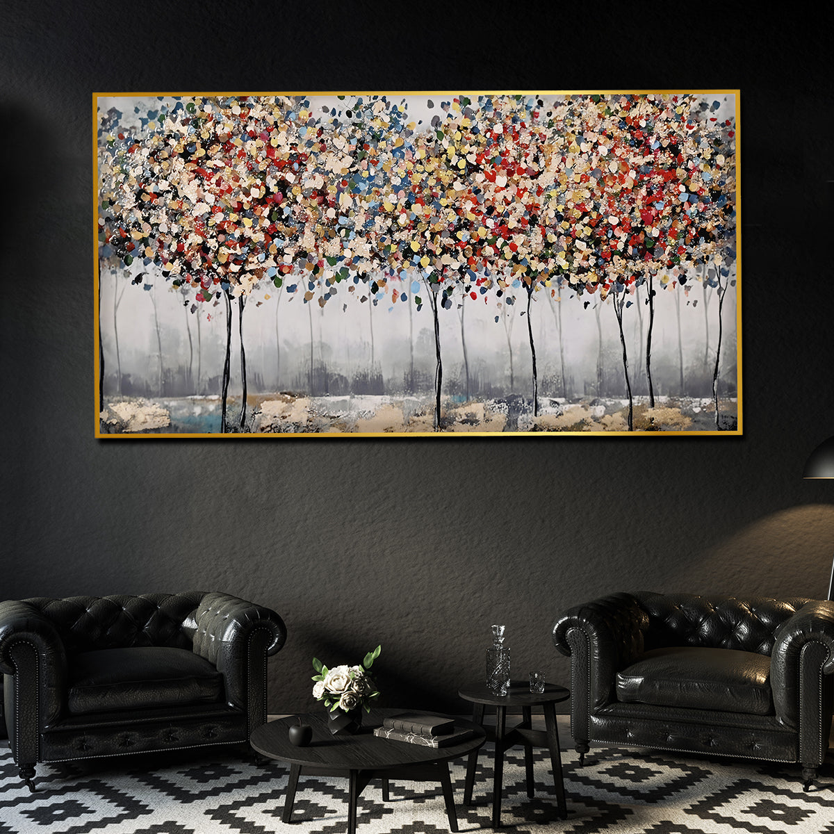 Colorful Autumn Forest Crystal Glass Painting with Textured Impressionist Trees