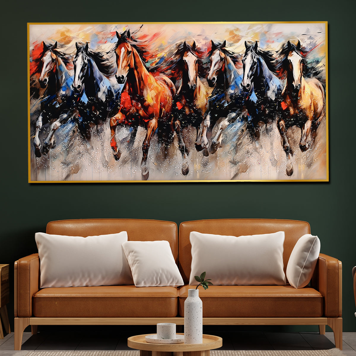 Multicolour Running Horses Framed Crystal Glass Painting