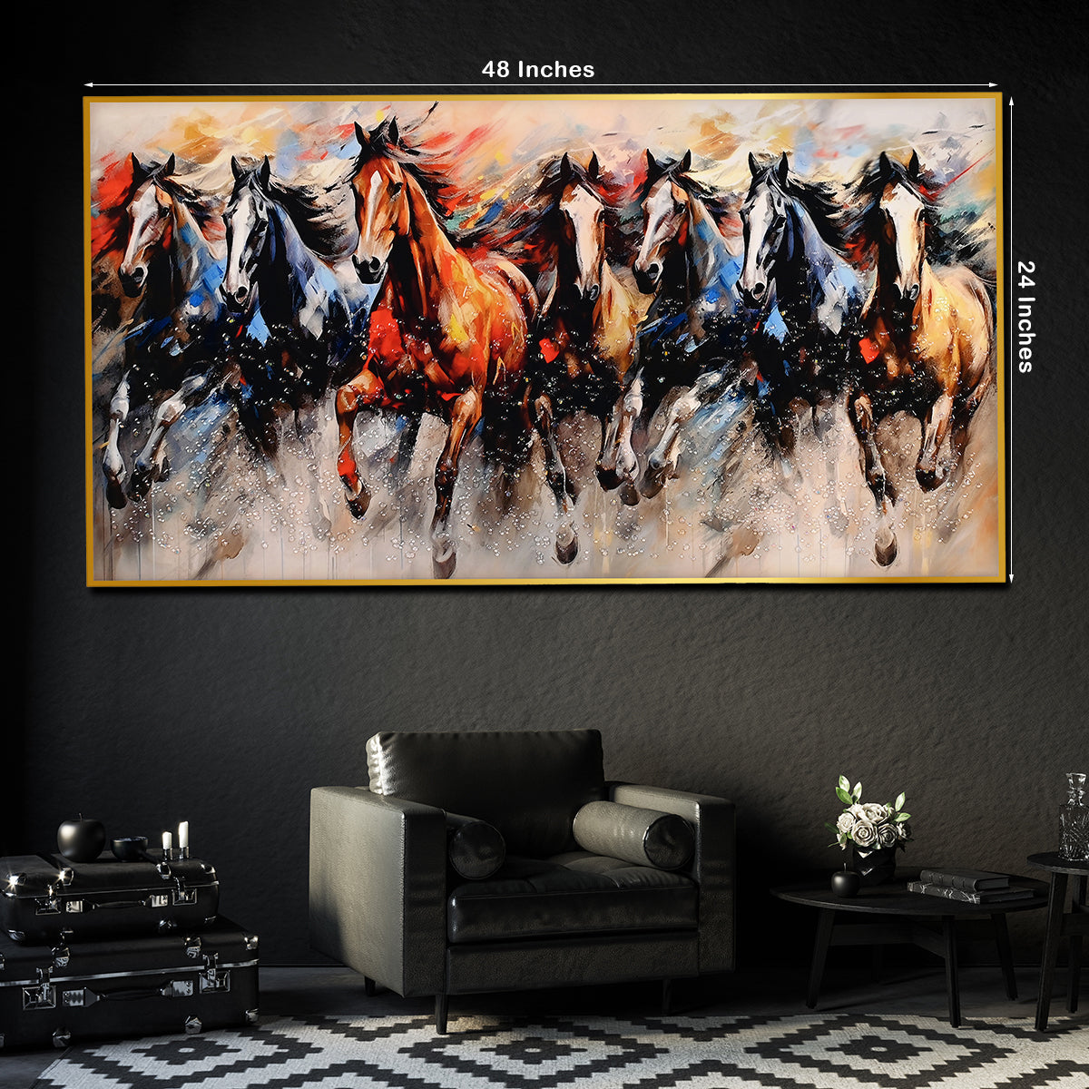 Multicolour Running Horses Framed Crystal Glass Painting