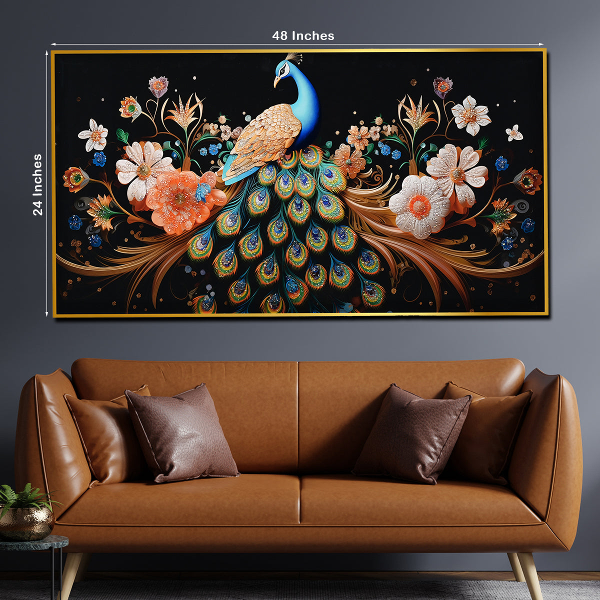 Elegant Peacock Crystal Glass Painting with Floral Detailing
