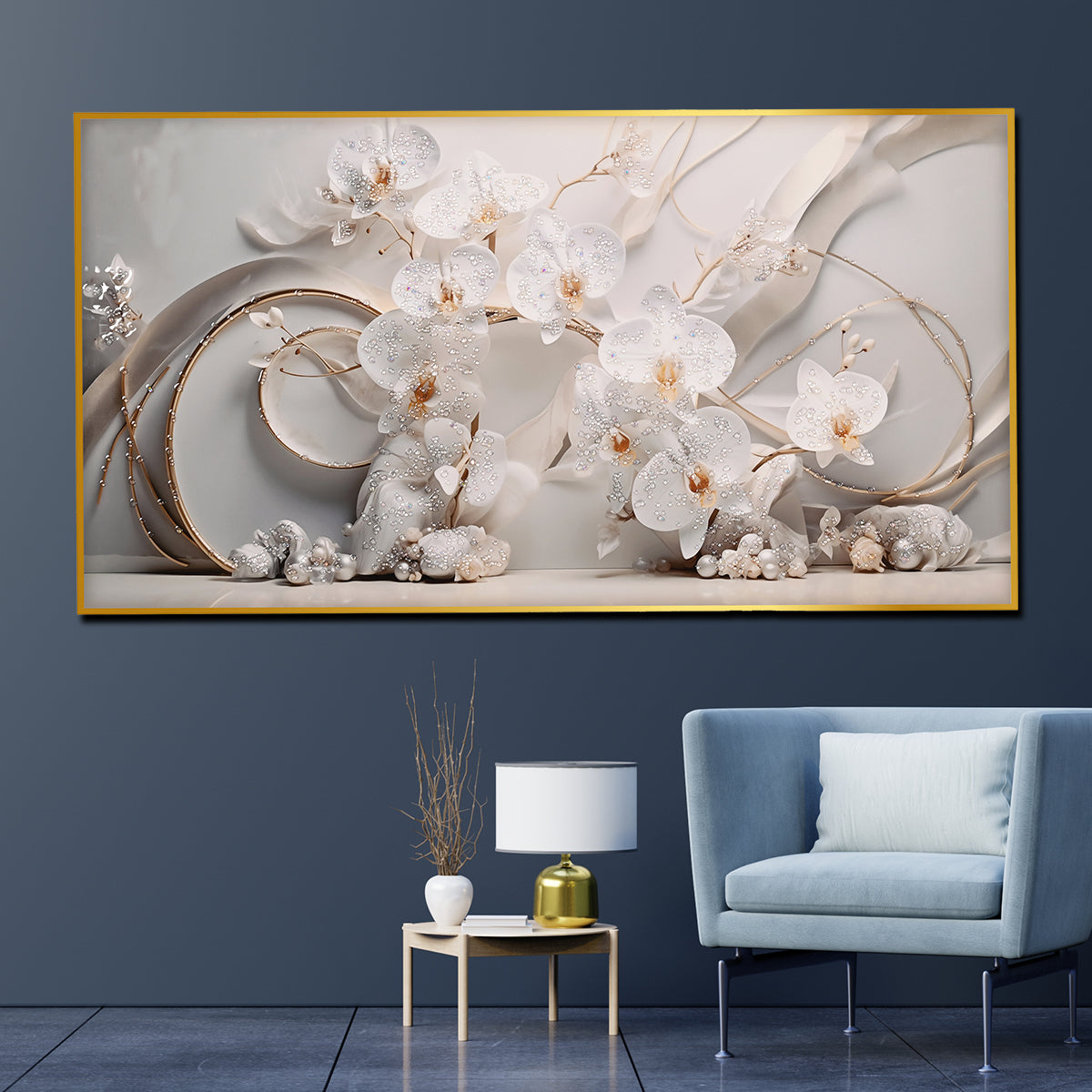 White Orchid Crystal Glass Painting for Modern Wall Décor