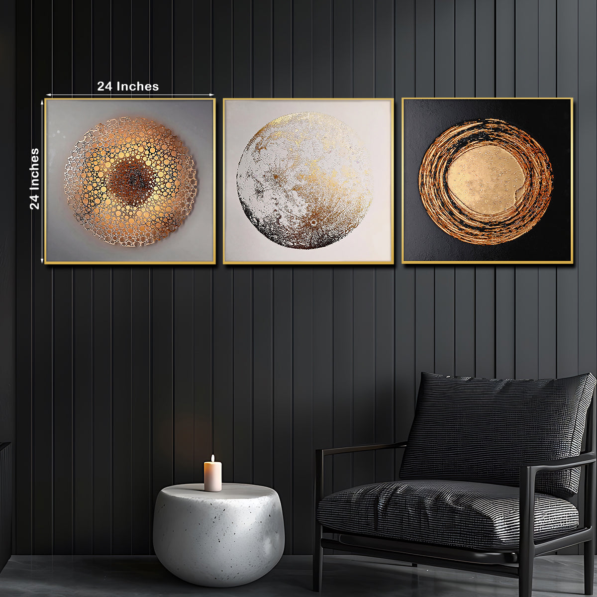Elegant Trio of Crystal Glass Circle Paintings – Modern Wall Décor