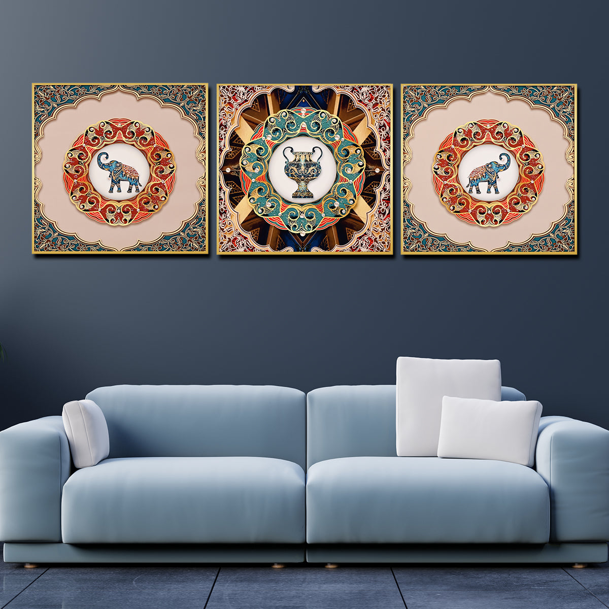 Regal Crystal Glass Painting Set – Traditional Elephant & Vase Art (Set of 3)