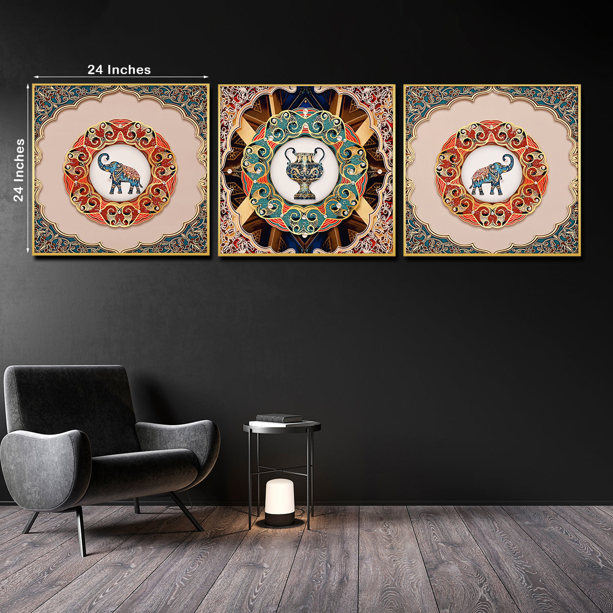 Regal Crystal Glass Painting Set – Traditional Elephant & Vase Art (Set of 3)