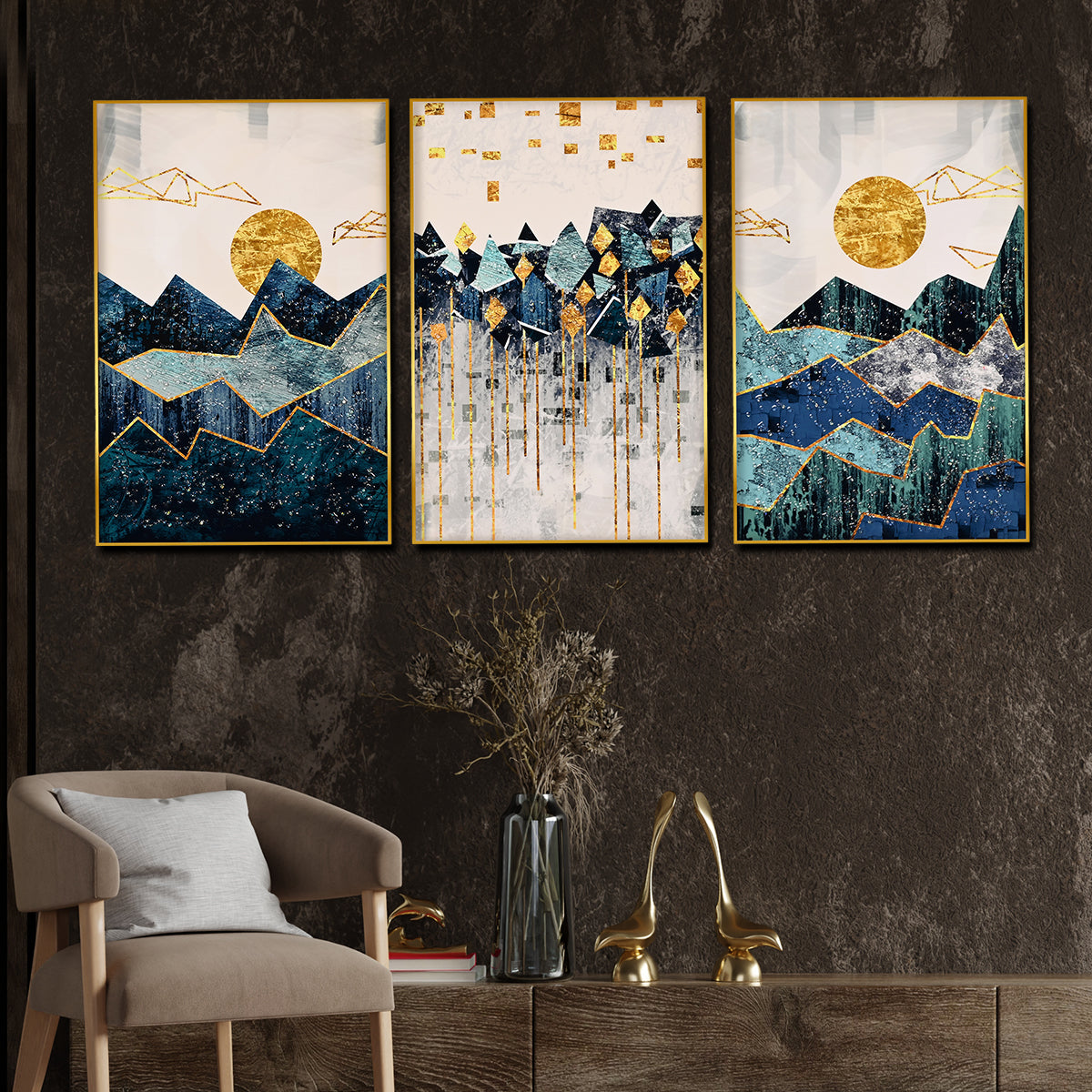 Golden Horizon Crystal Glass Painting – Abstract Mountain Wall Art (Set of 3)
