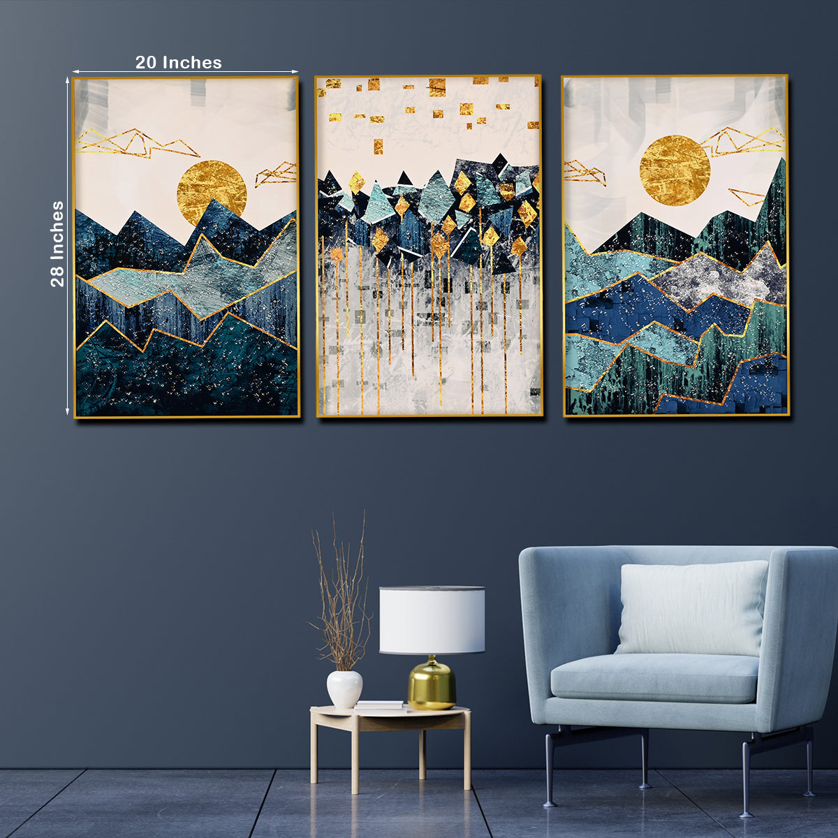 Golden Horizon Crystal Glass Painting – Abstract Mountain Wall Art (Set of 3)