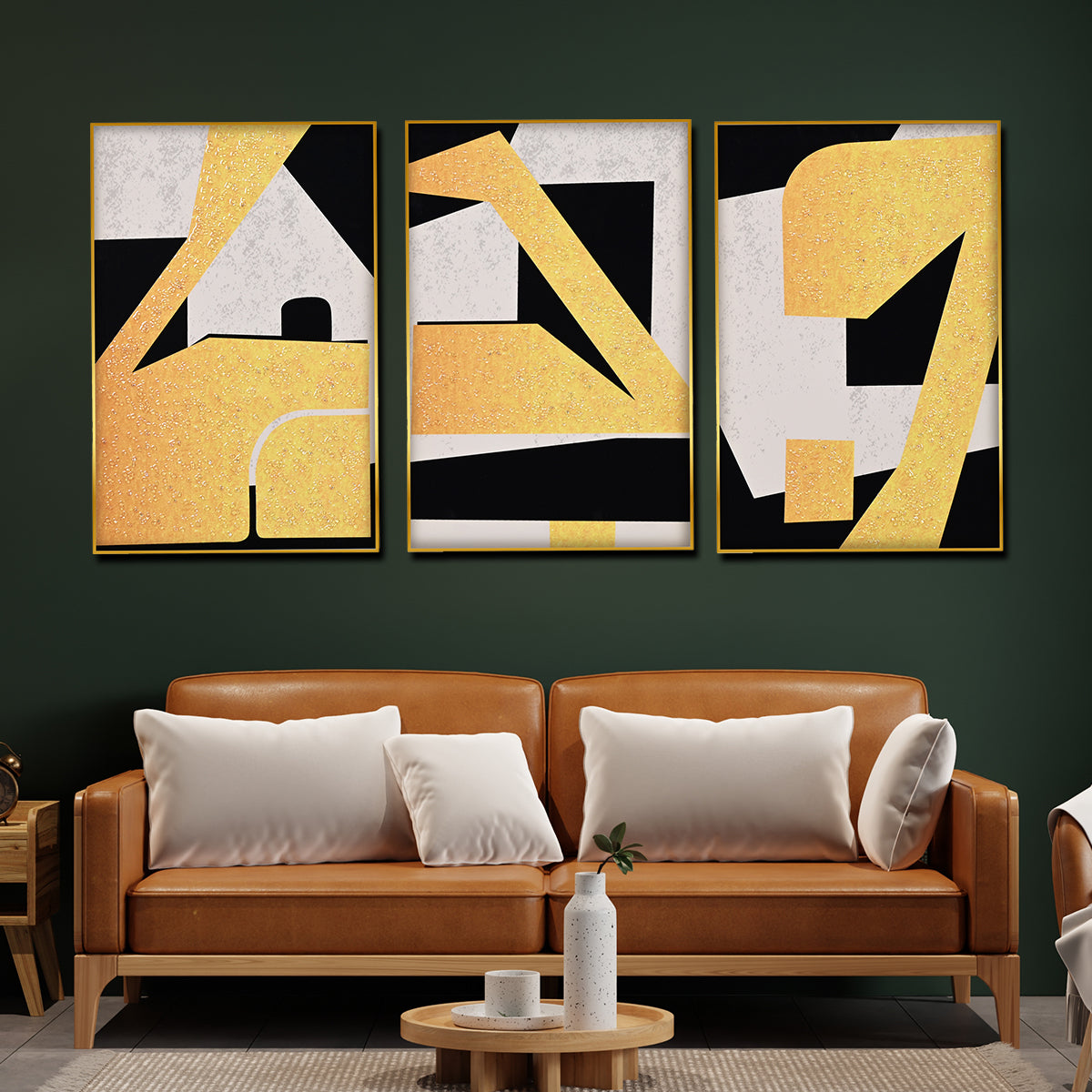 Modern Gold Bold Geometric Crystal Glass Painting (Set of 3)