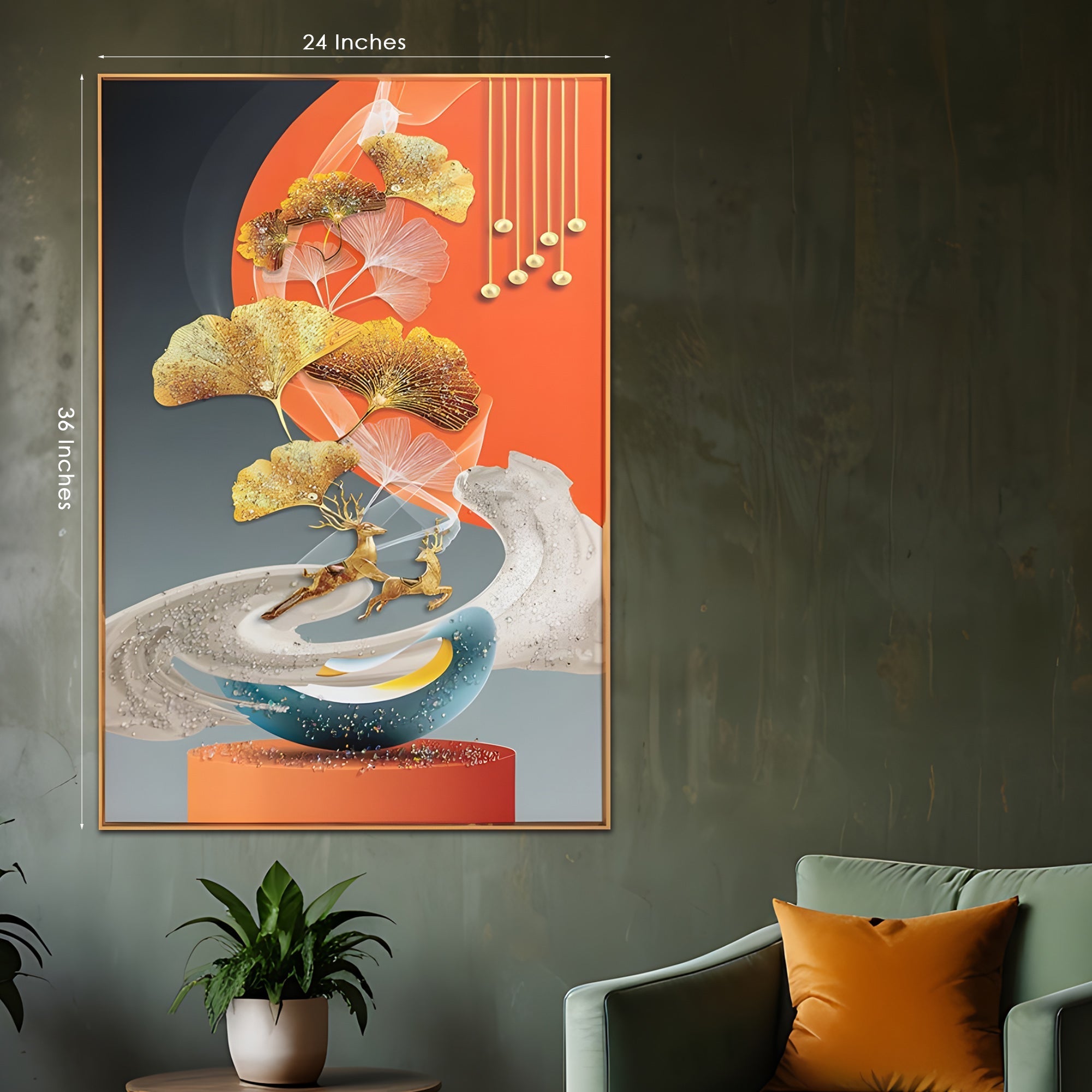 Golden Deer & Ginkgo Dreamscape Framed Crystal Glass Painting