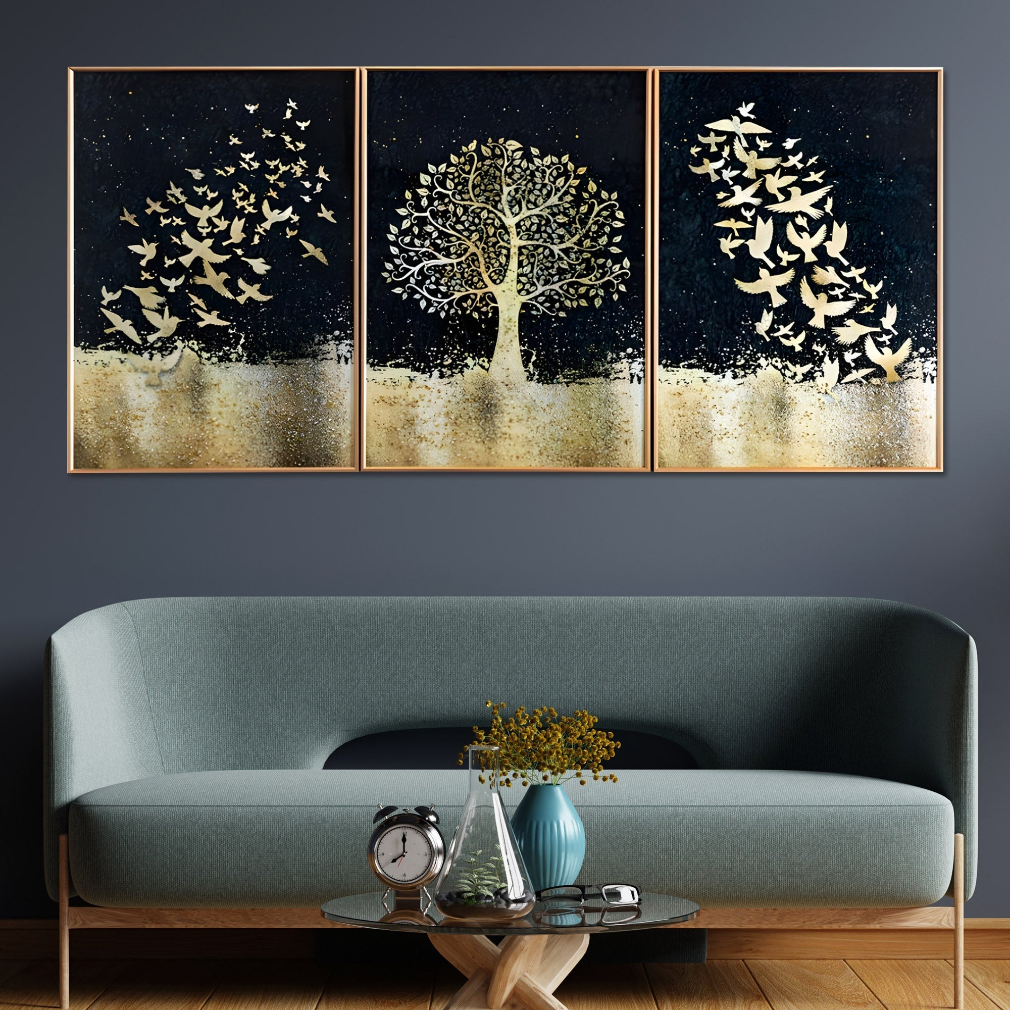Golden Tree of Life with Birds – 3-Piece Framed Crystal Glass Painting