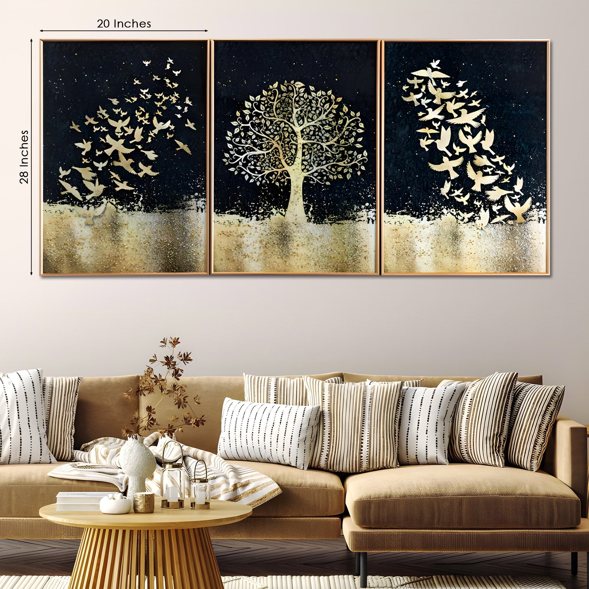 Golden Tree of Life with Birds – 3-Piece Framed Crystal Glass Painting