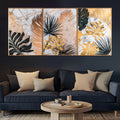 Golden Tropical Leaf Marble Effect Framed Crystal Glass Wall Art – Set of 3