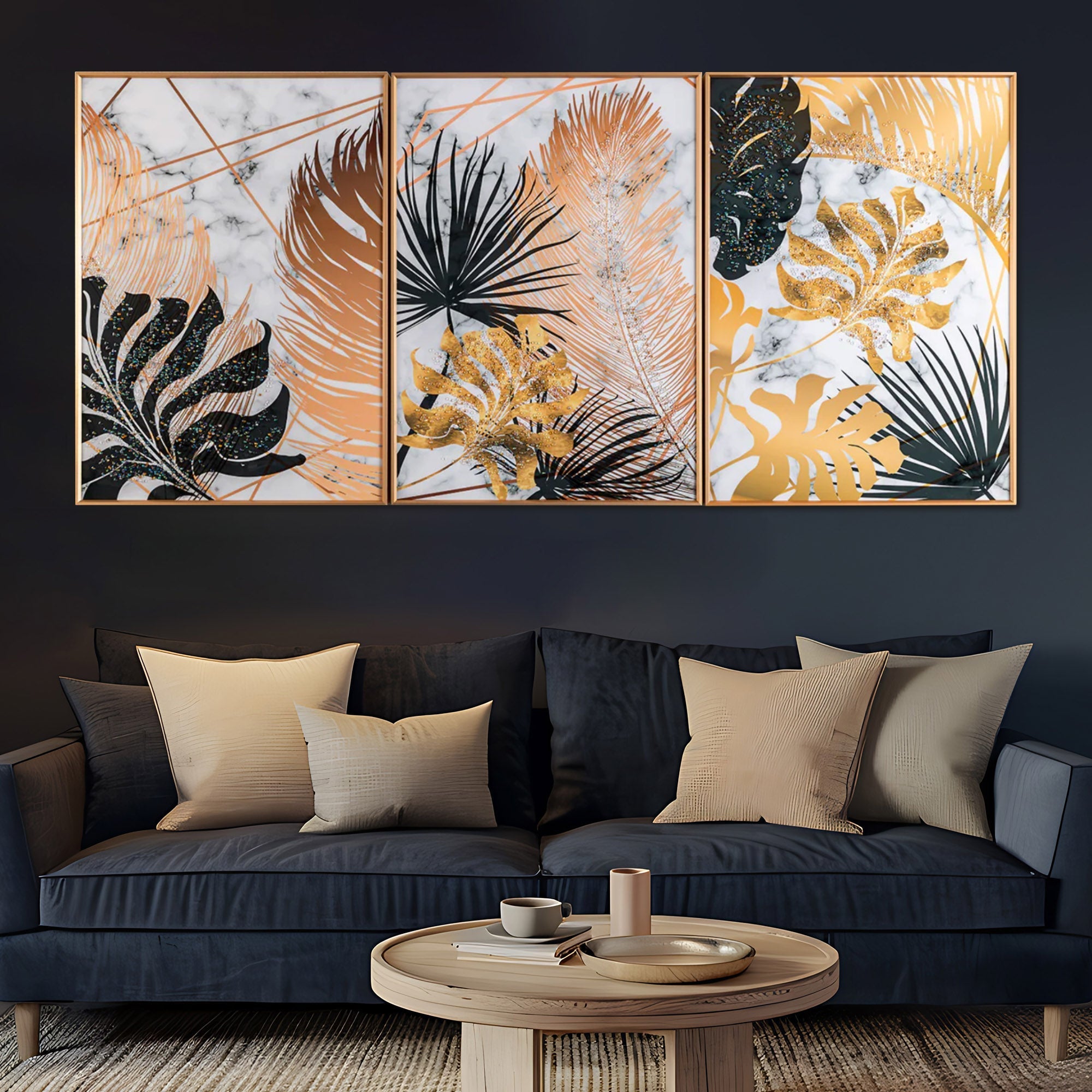 Golden Tropical Leaf Marble Effect Framed Crystal Glass Wall Art – Set of 3