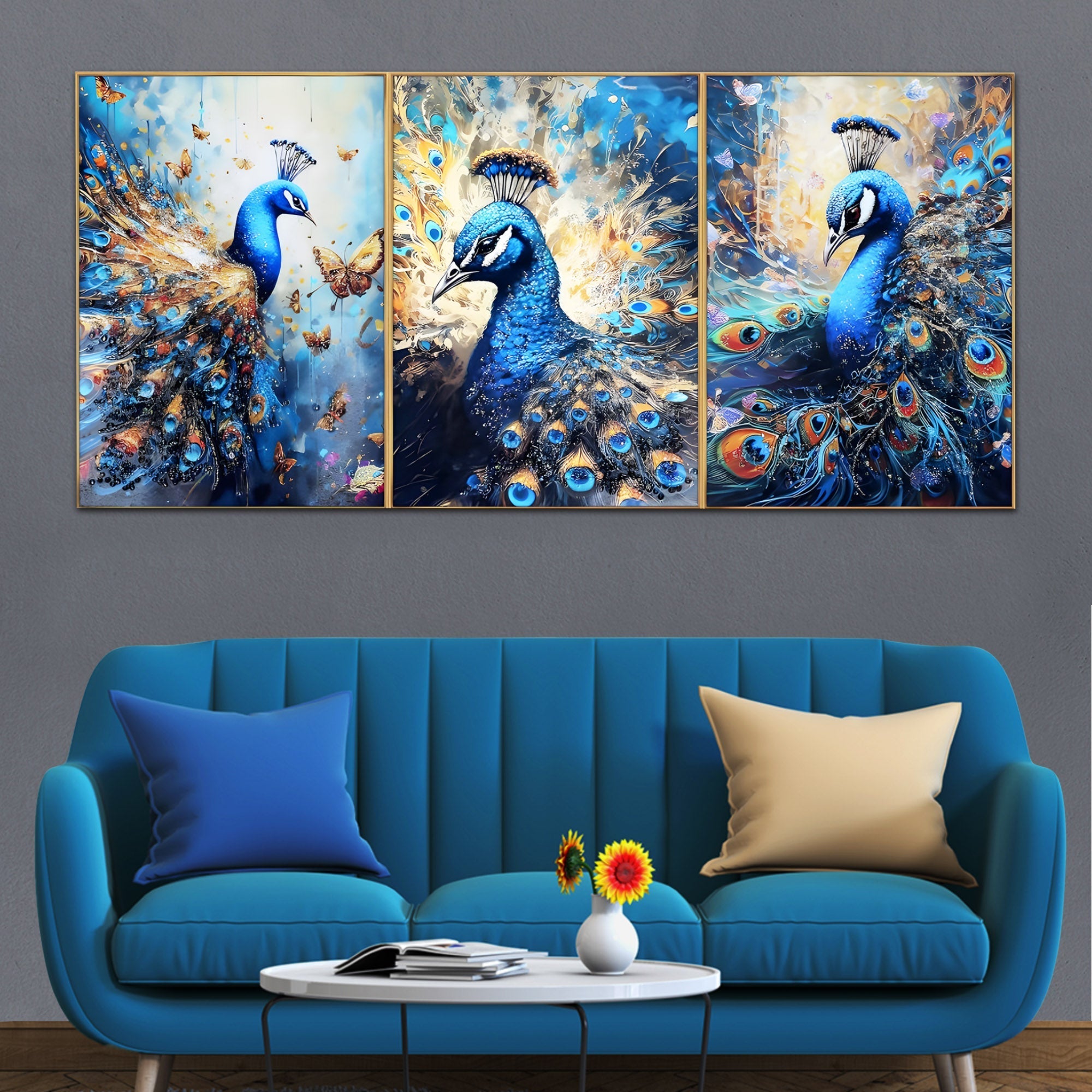 Majestic Peacock Trio Framed Crystal Glass Painting – Set of 3