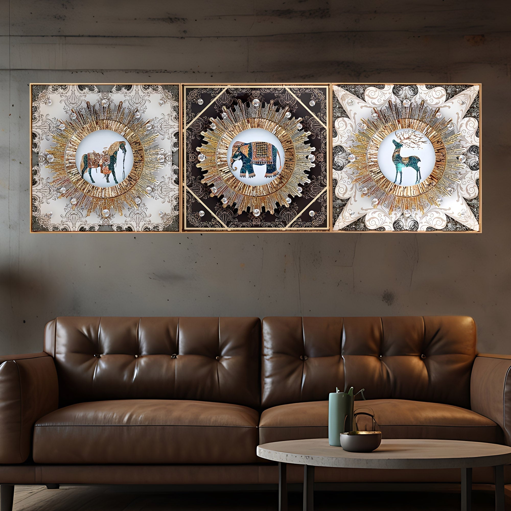 Regal Beasts Animal Mandala Framed Crystal Glass Painting Set of 3