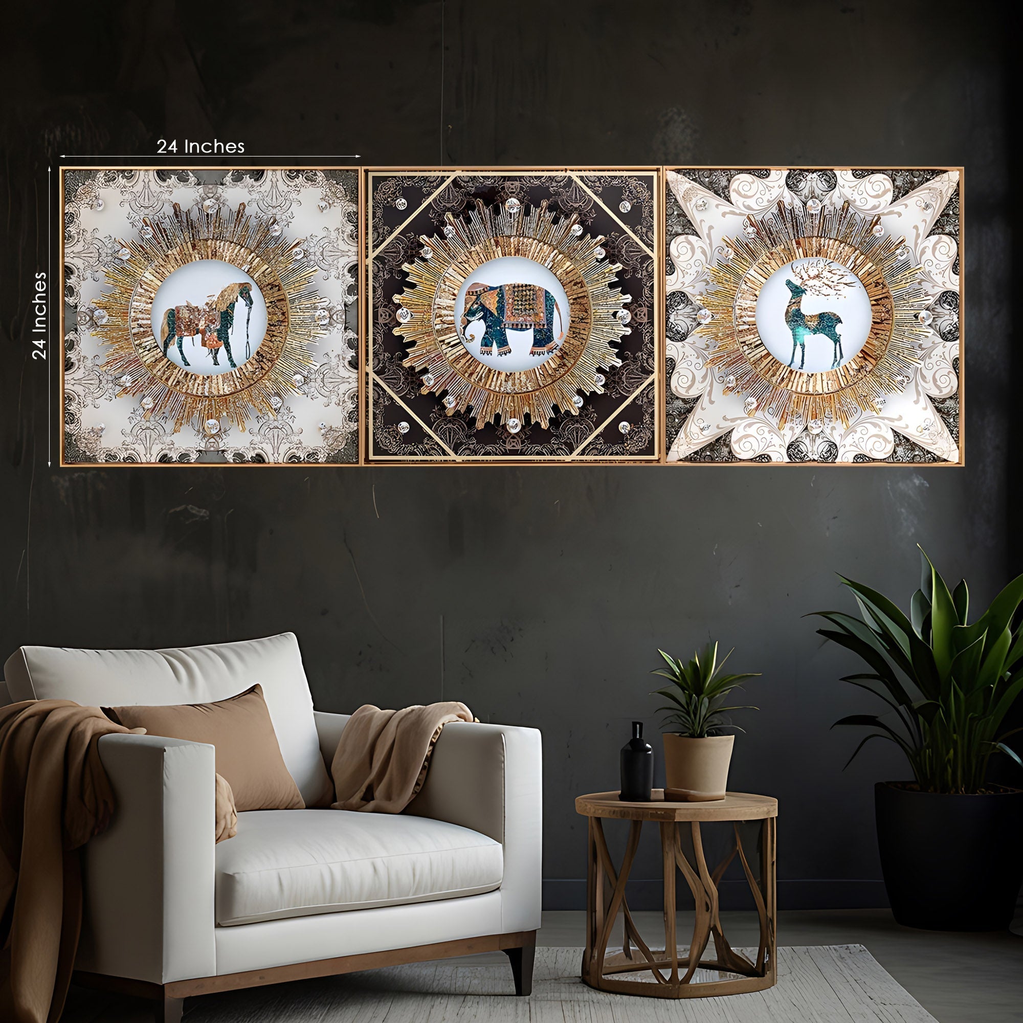 Regal Beasts Animal Mandala Framed Crystal Glass Painting Set of 3