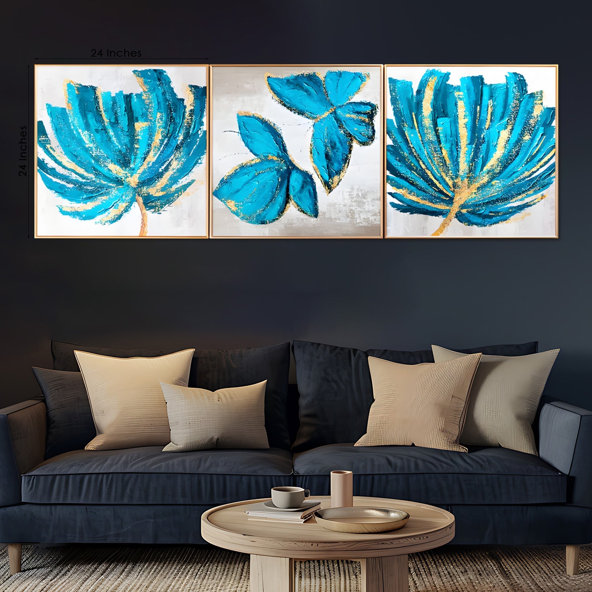 Aqua Bloom Abstract Leaves – Framed Crystal Glass Painting Set of 3