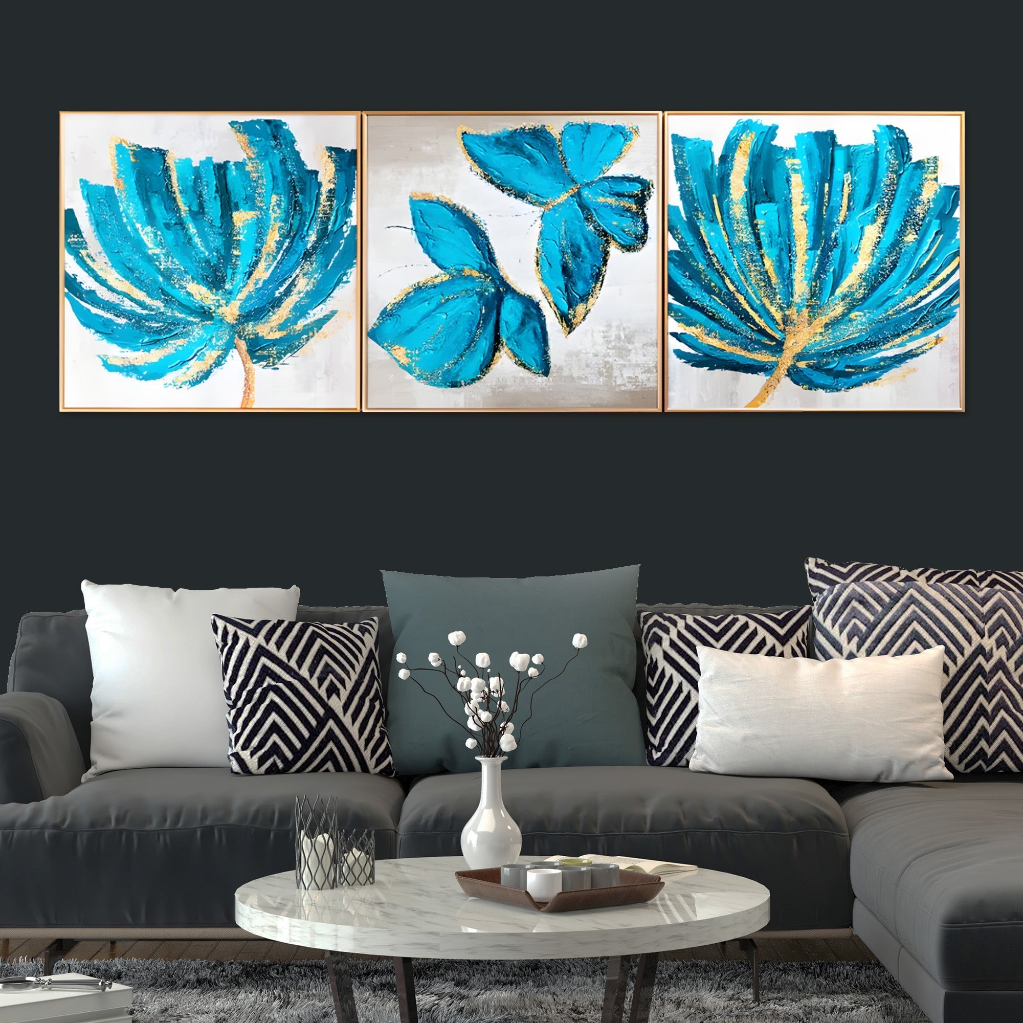 Aqua Bloom Abstract Leaves – Framed Crystal Glass Painting Set of 3