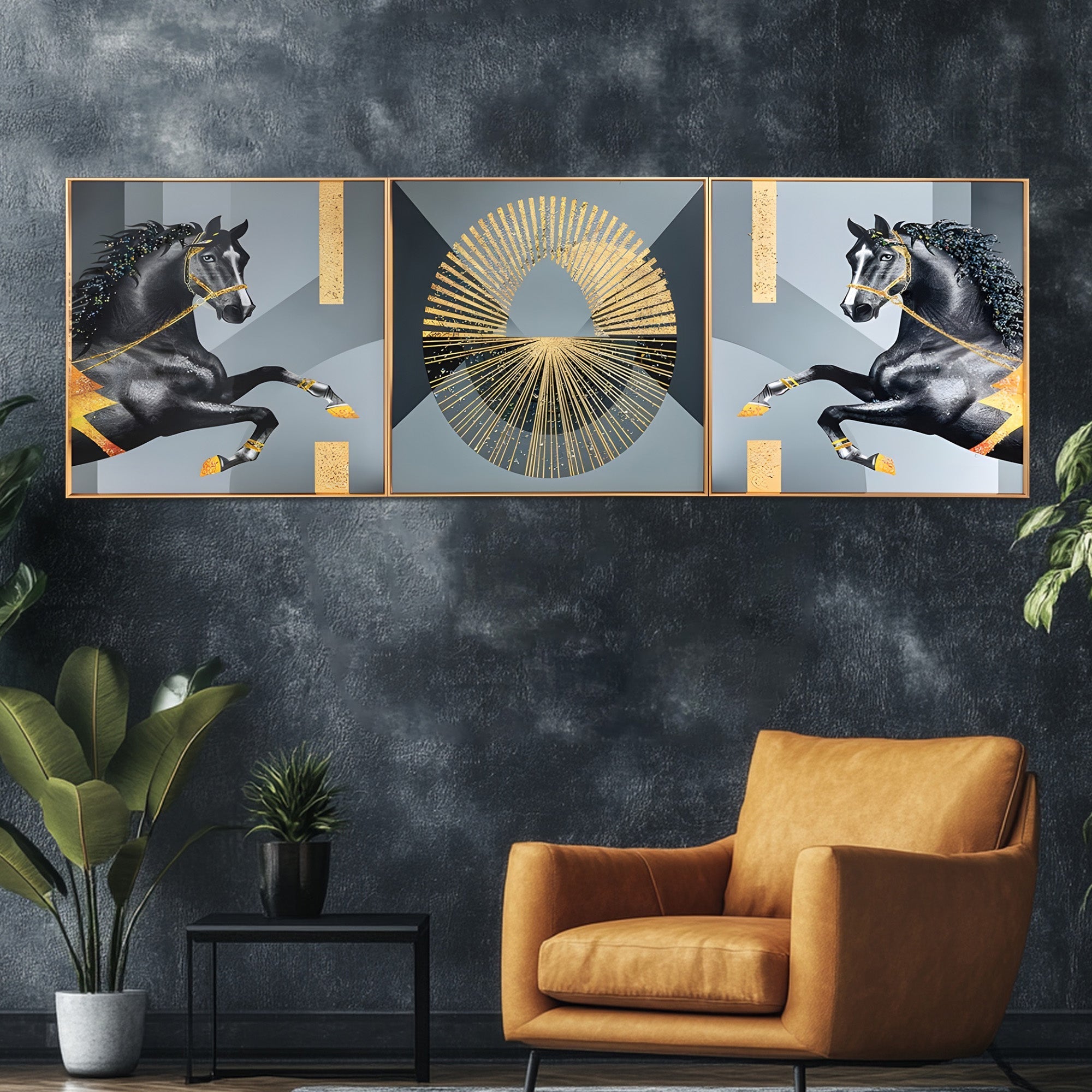 Golden Gallop – Framed Crystal Glass Horse Art Set of 3