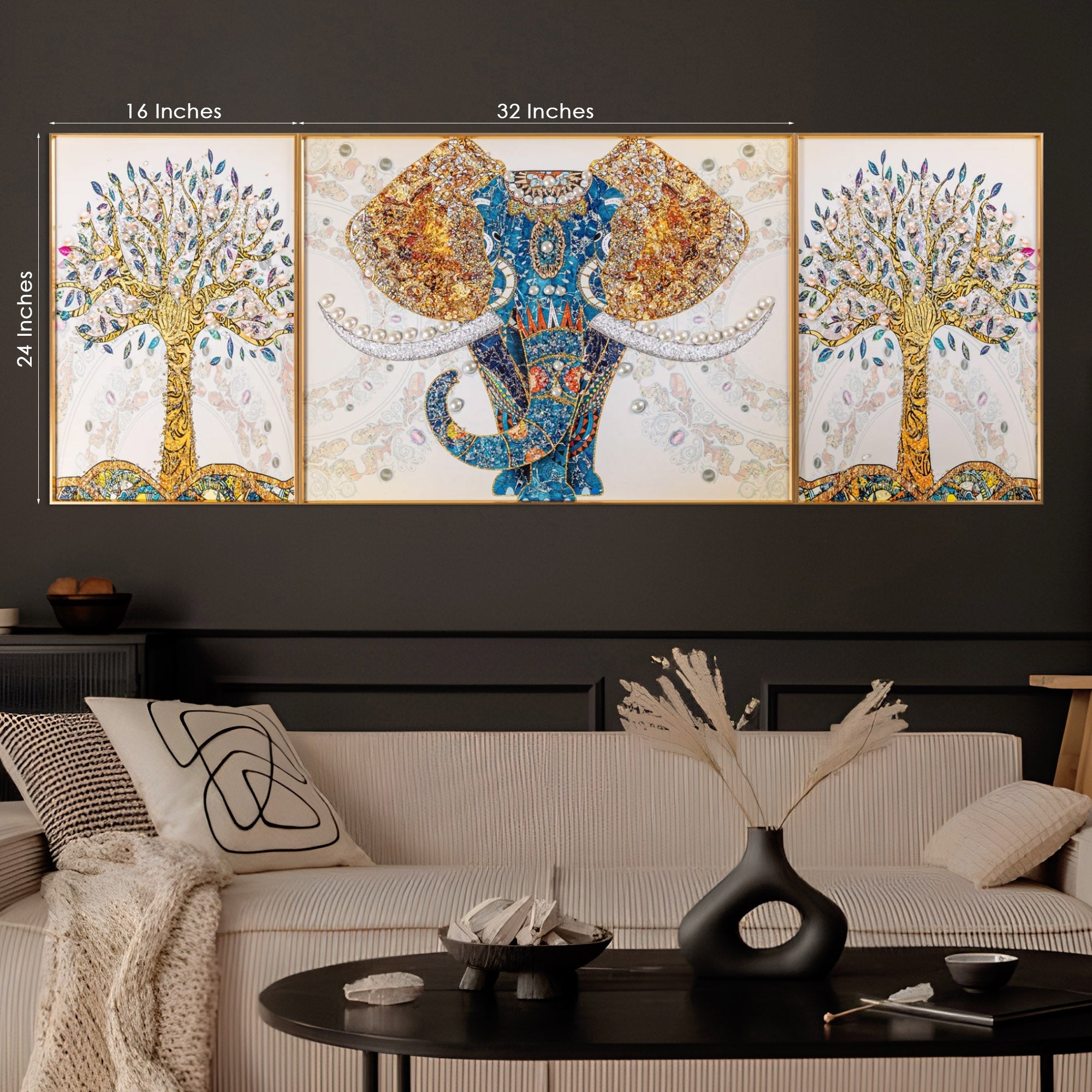 Autumn Udaipur Elephant Tree Crystal Glass Paintings – Set of 3