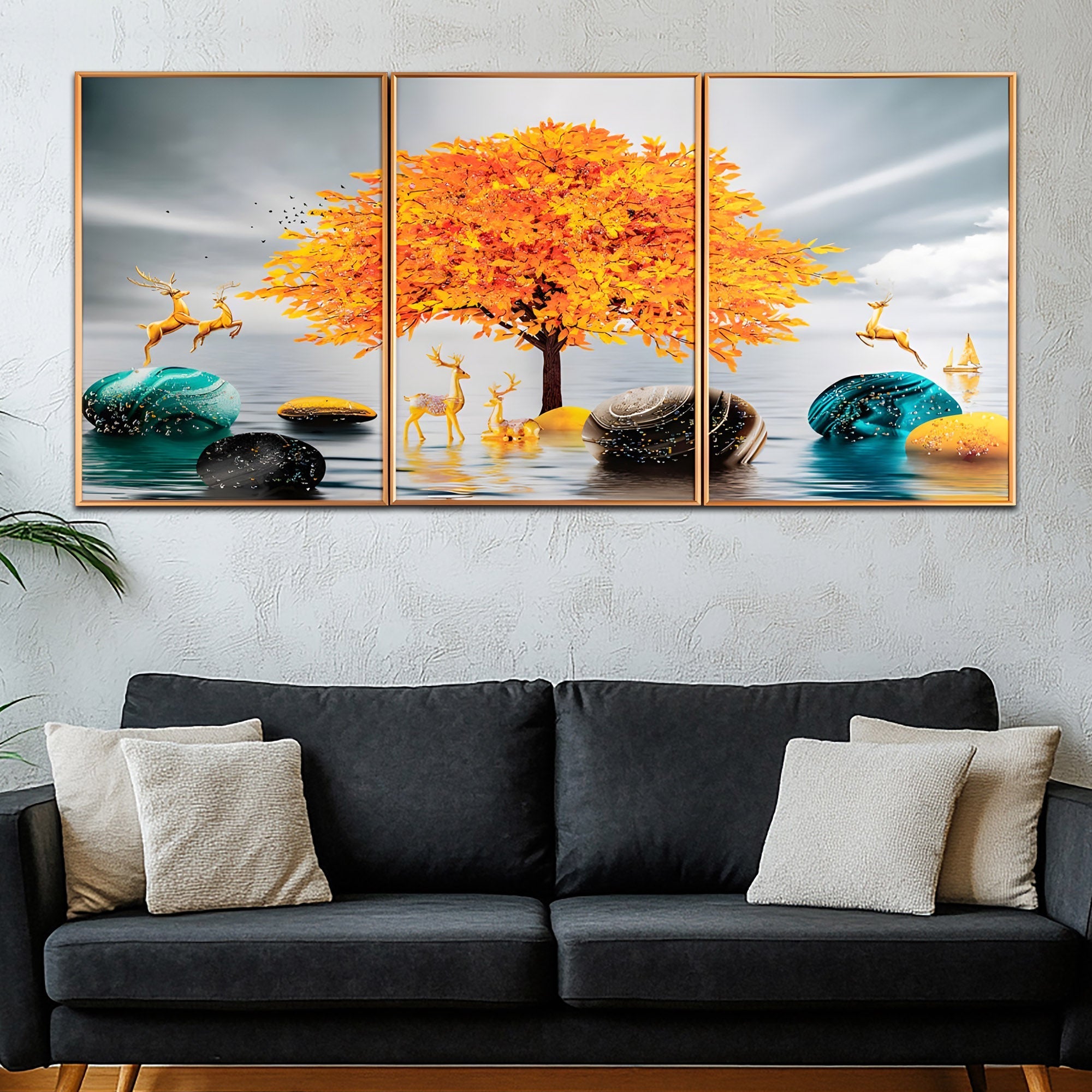 Golden Autumn Tree & Deer Framed Crystal Glass Nature Paintings – Set of 3