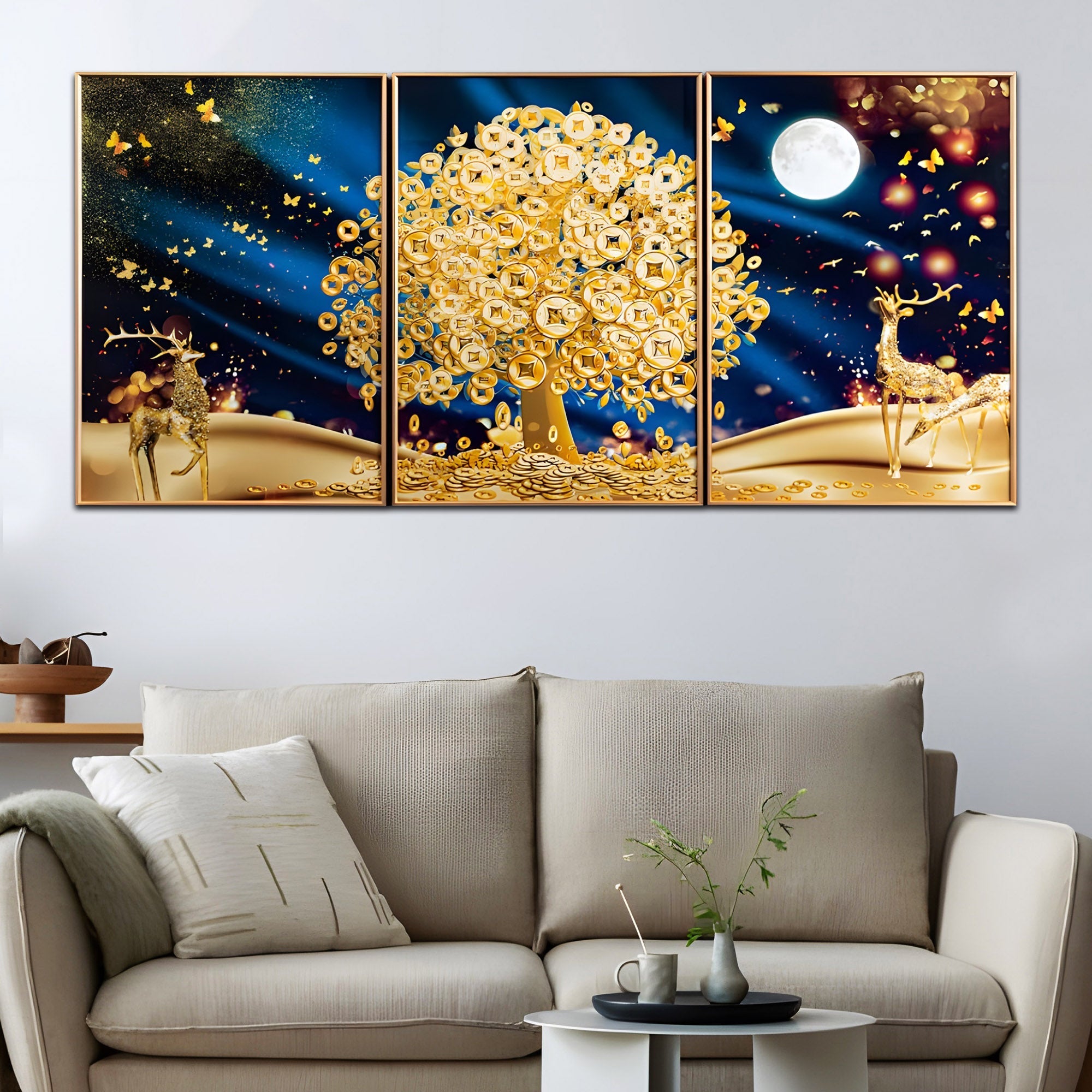 Golden Wealth Tree & Deer Crystal Glass Painting Set of 3