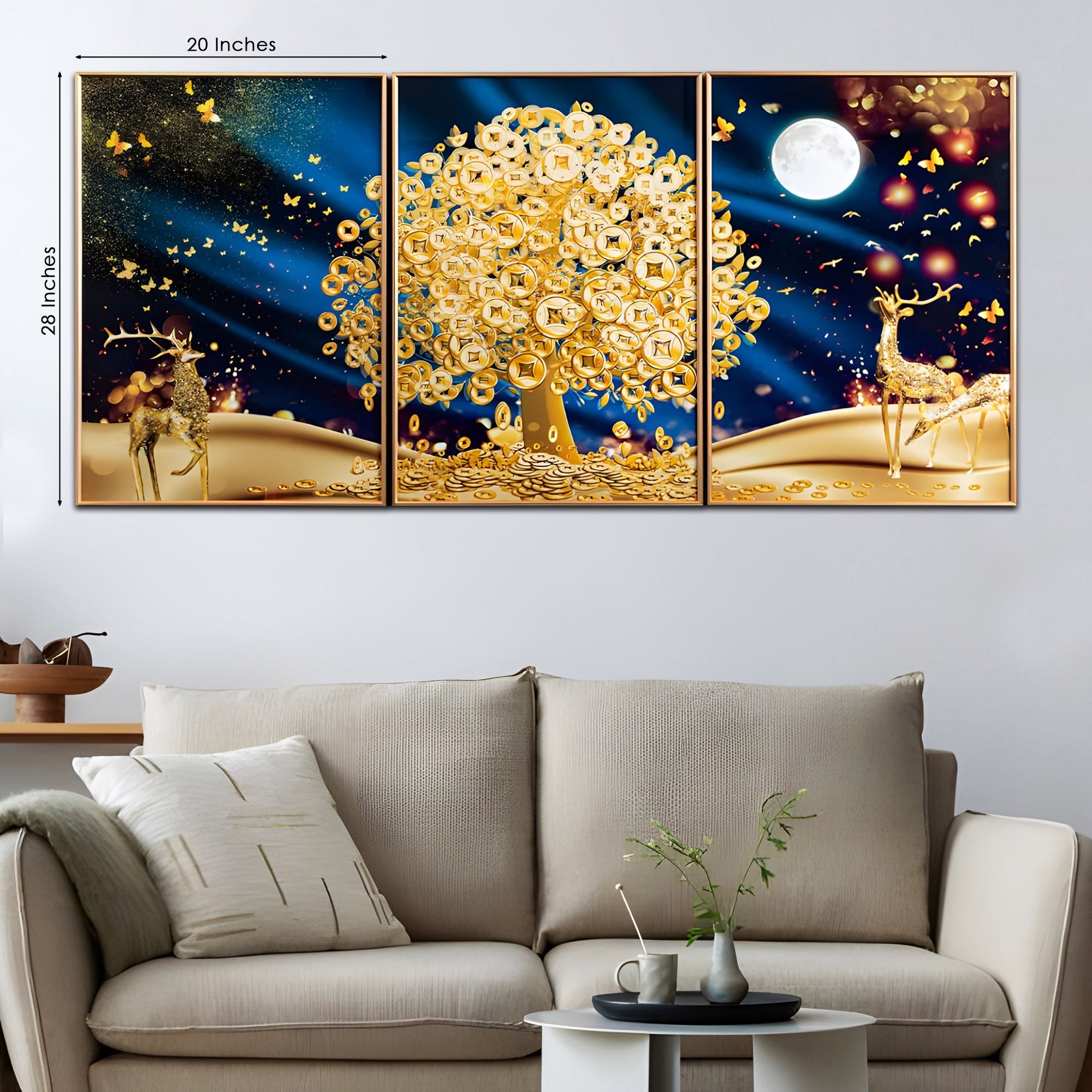 Golden Wealth Tree & Deer Crystal Glass Painting Set of 3