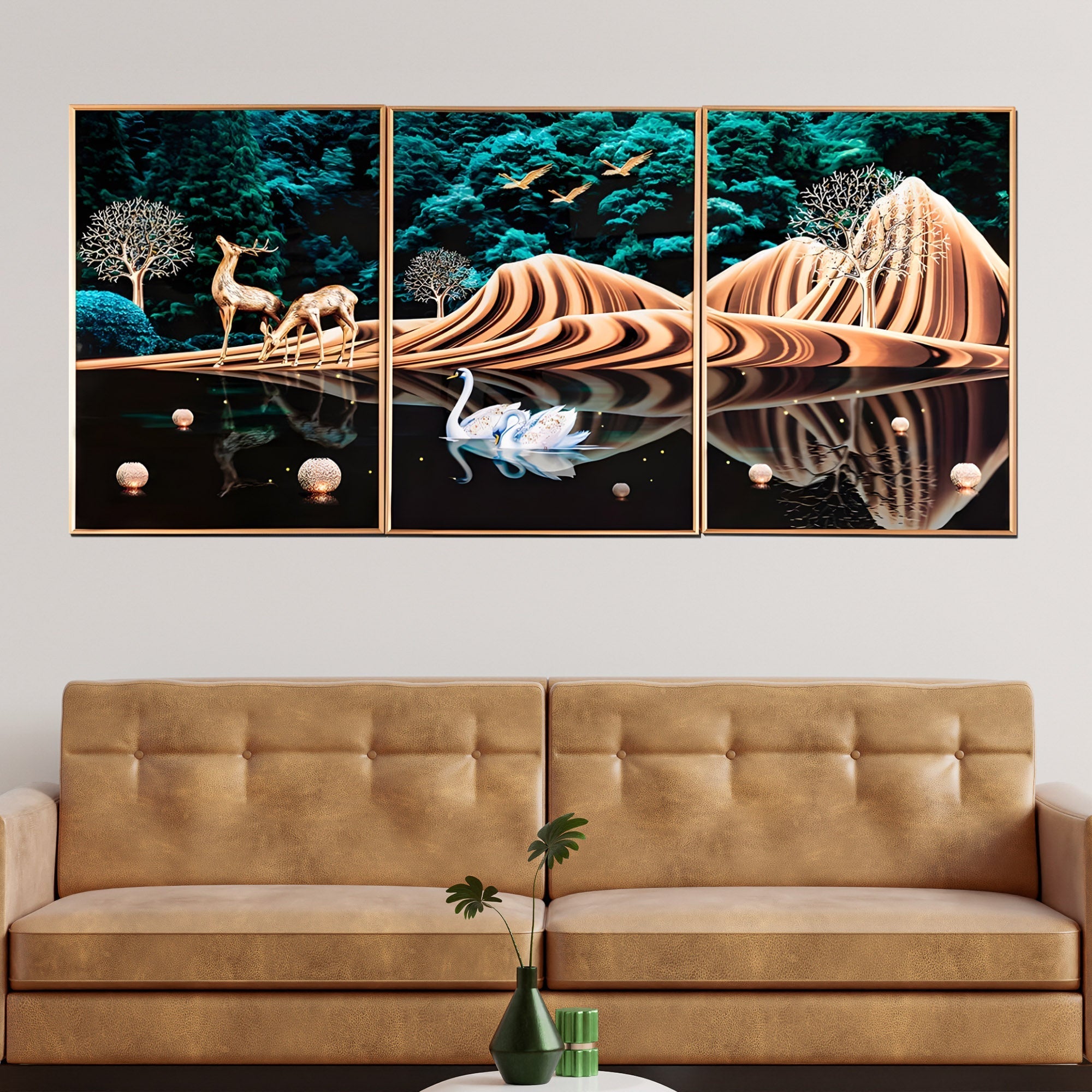 Golden Deer and Swan Crystal Glass Painting Set of 3