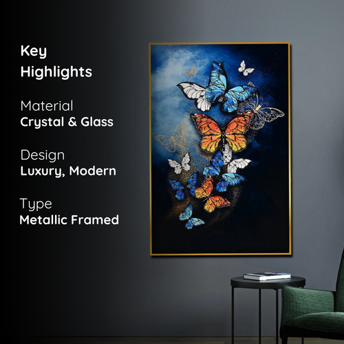 Artistic Butterfly Wall Art - Metallic Framed Crystal Glass Painting
