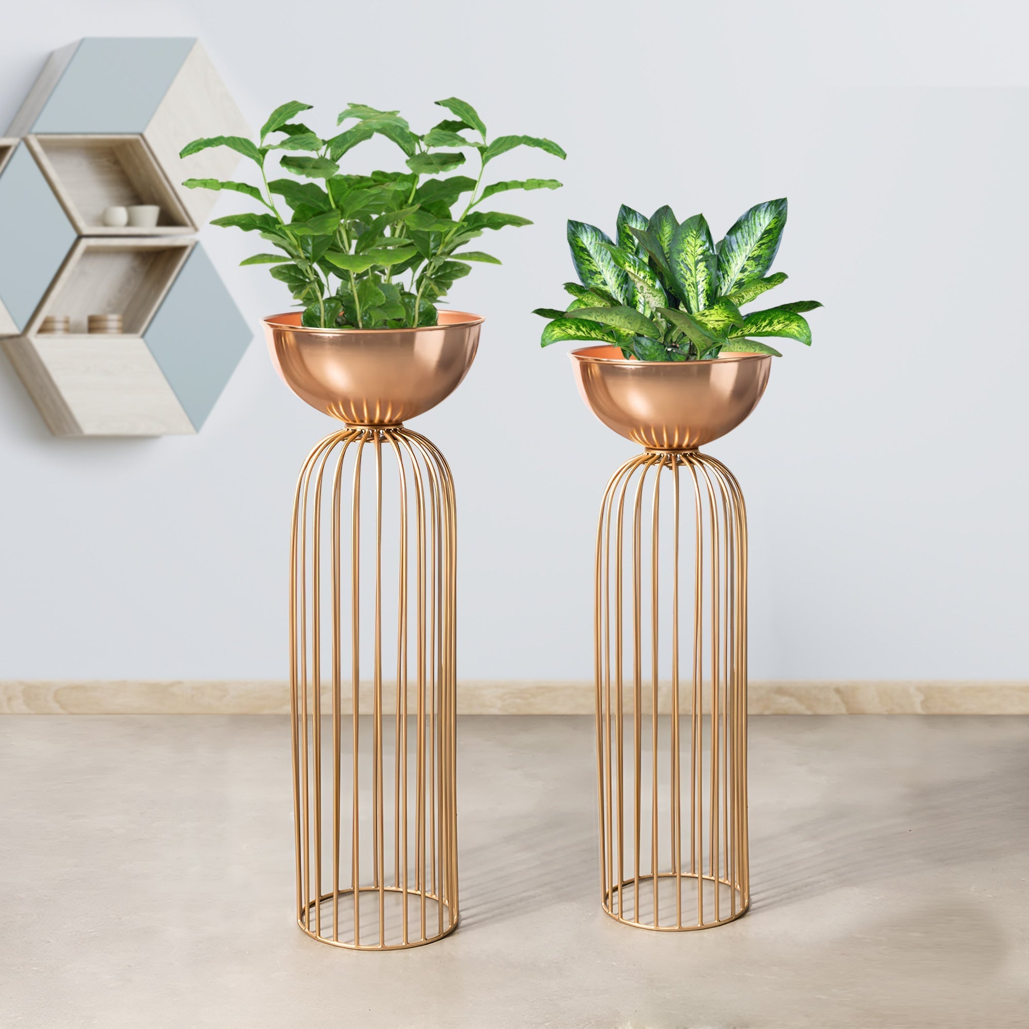 Urban Zen Gold Stand & Rose Gold Pot Planters Set of 2