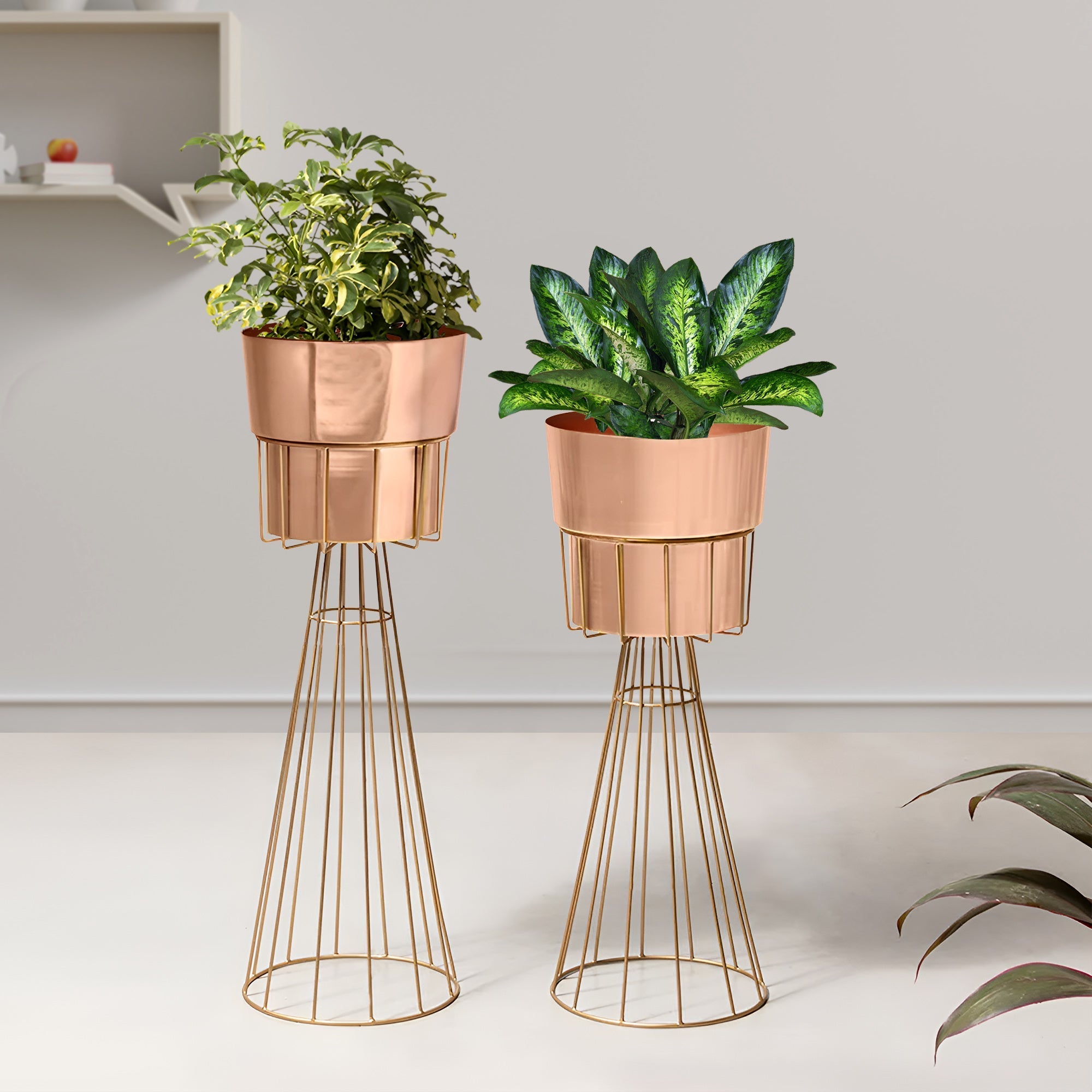 Avant Garden Gold Stand & Rose Gold Pot Planters Set of 2