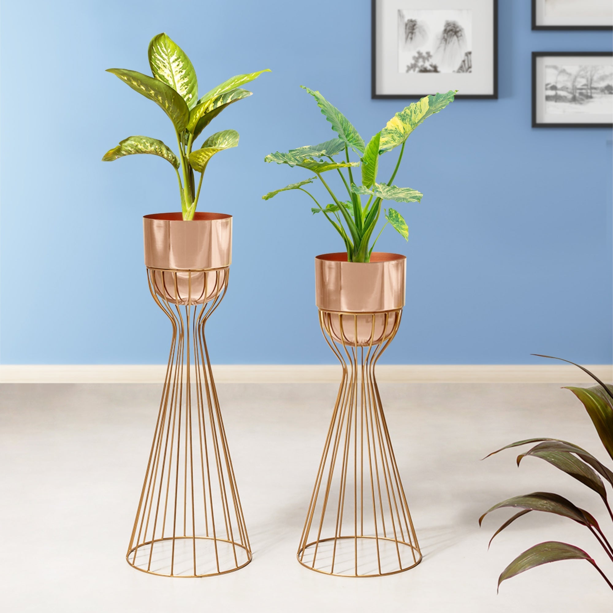 Artful Foliage Gold Stand & Rose Gold Pot Planters Set of 2