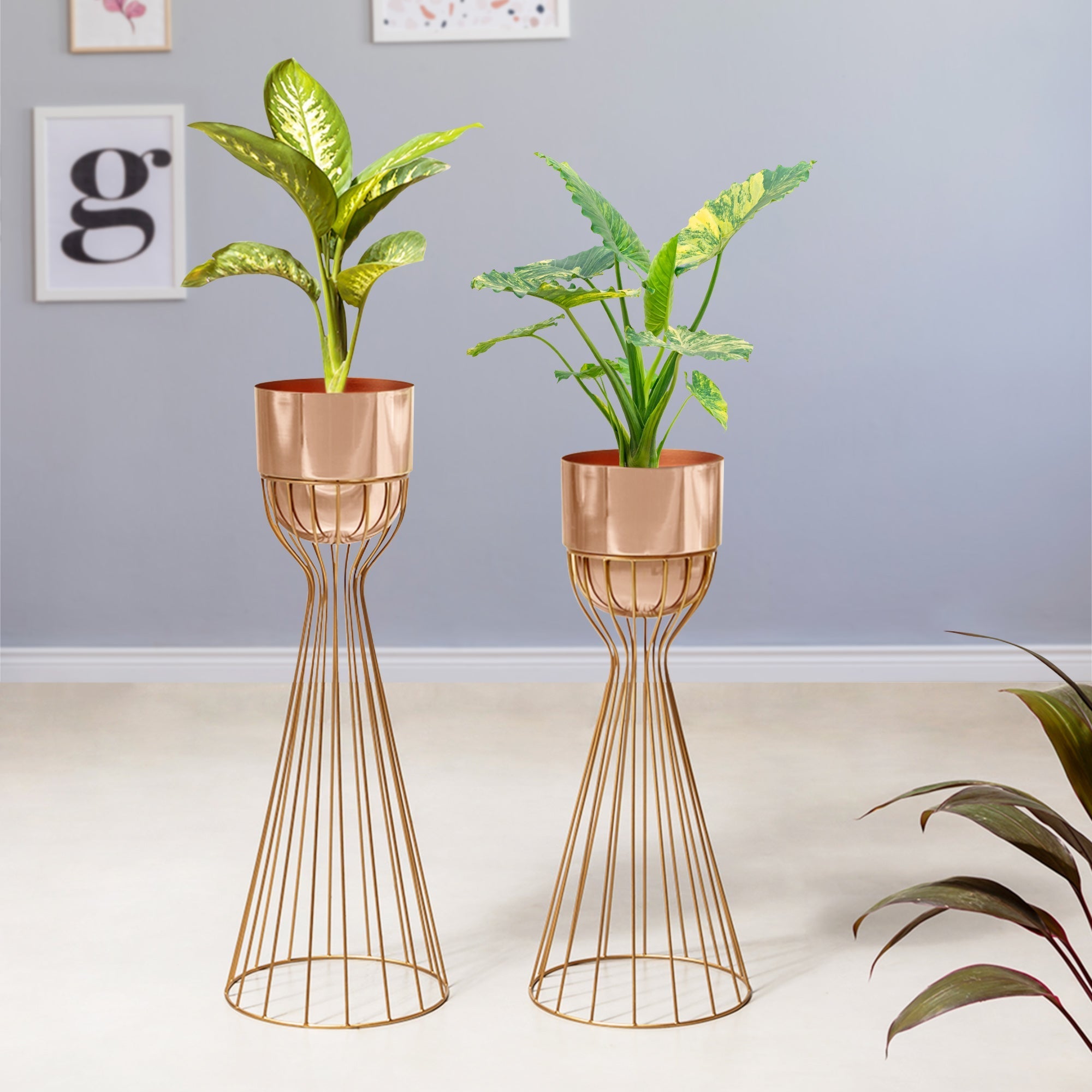 Artful Foliage Gold Stand & Rose Gold Pot Planters Set of 2