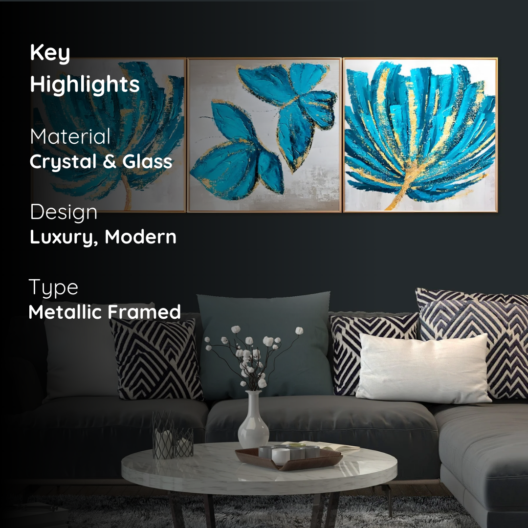 Aqua Bloom Abstract Leaves – Framed Crystal Glass Painting Set of 3