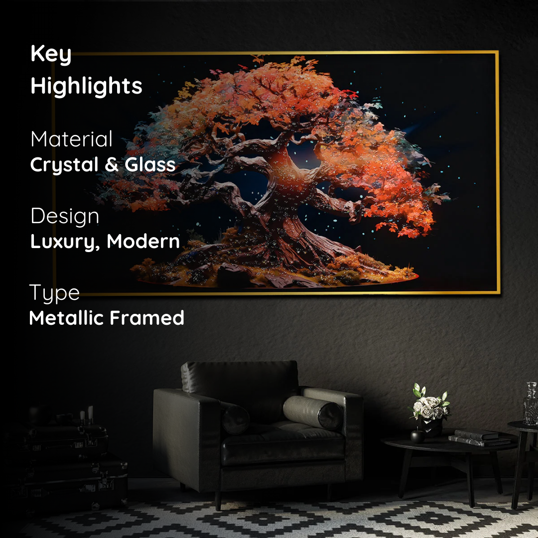 Autumn Blaze Tree of Life Crystal Glass Painting with Fiery Tones