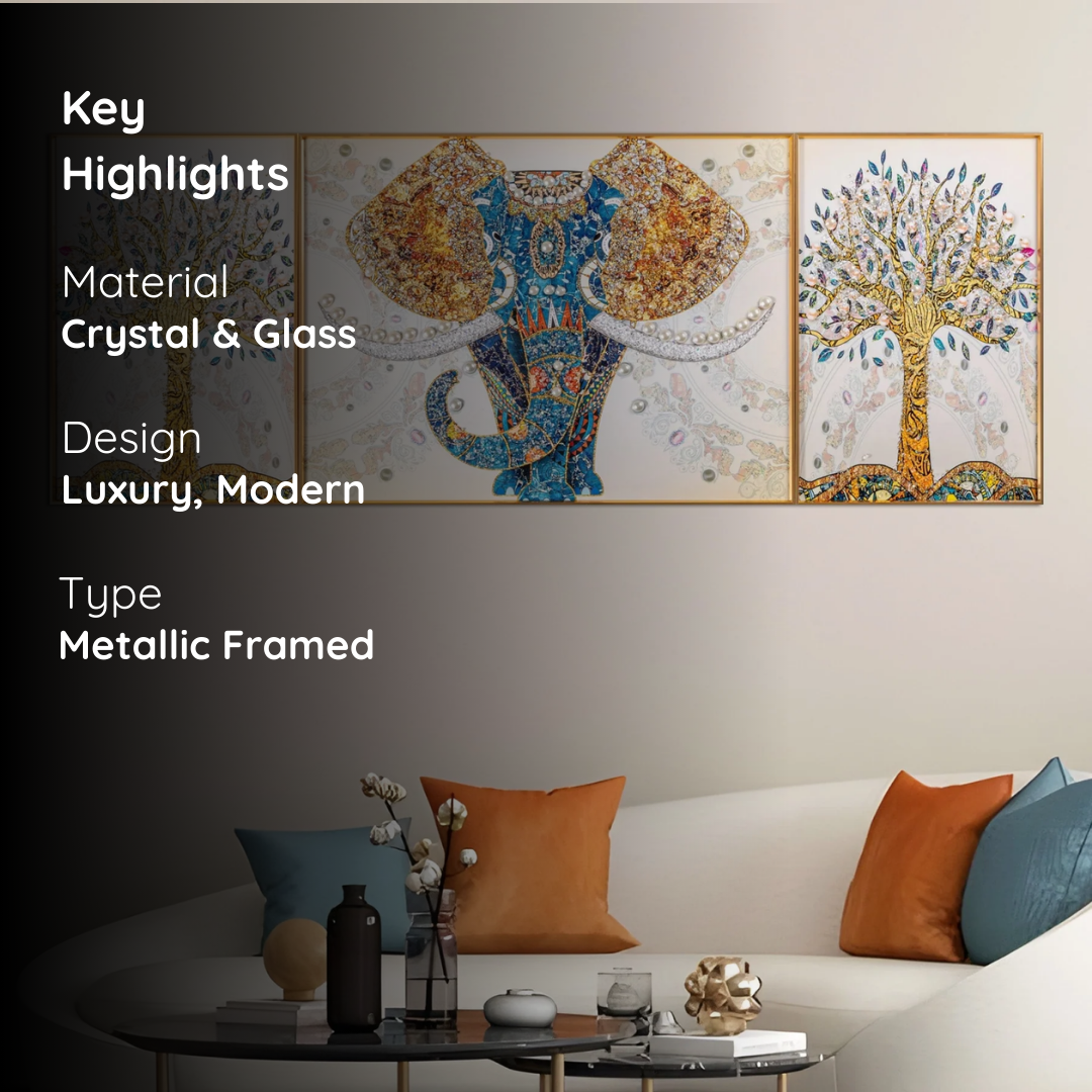 Autumn Udaipur Elephant Tree Crystal Glass Paintings – Set of 3