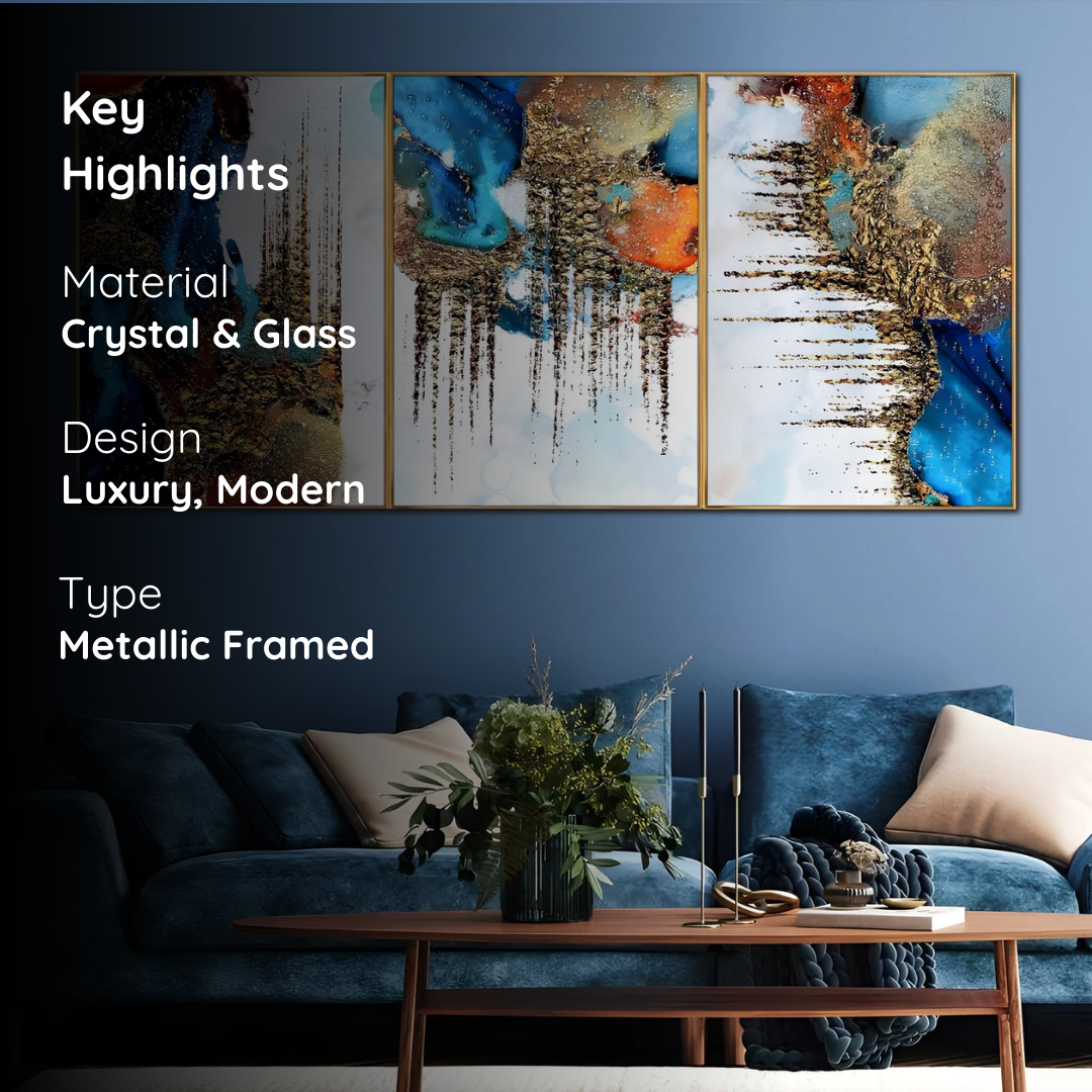 Blue & Gold Abstract Luxury Framed Crystal Glass Wall Art – Set of 3