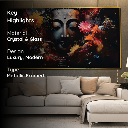 Buddha Face Crystal Glass Painting with Floral Aura